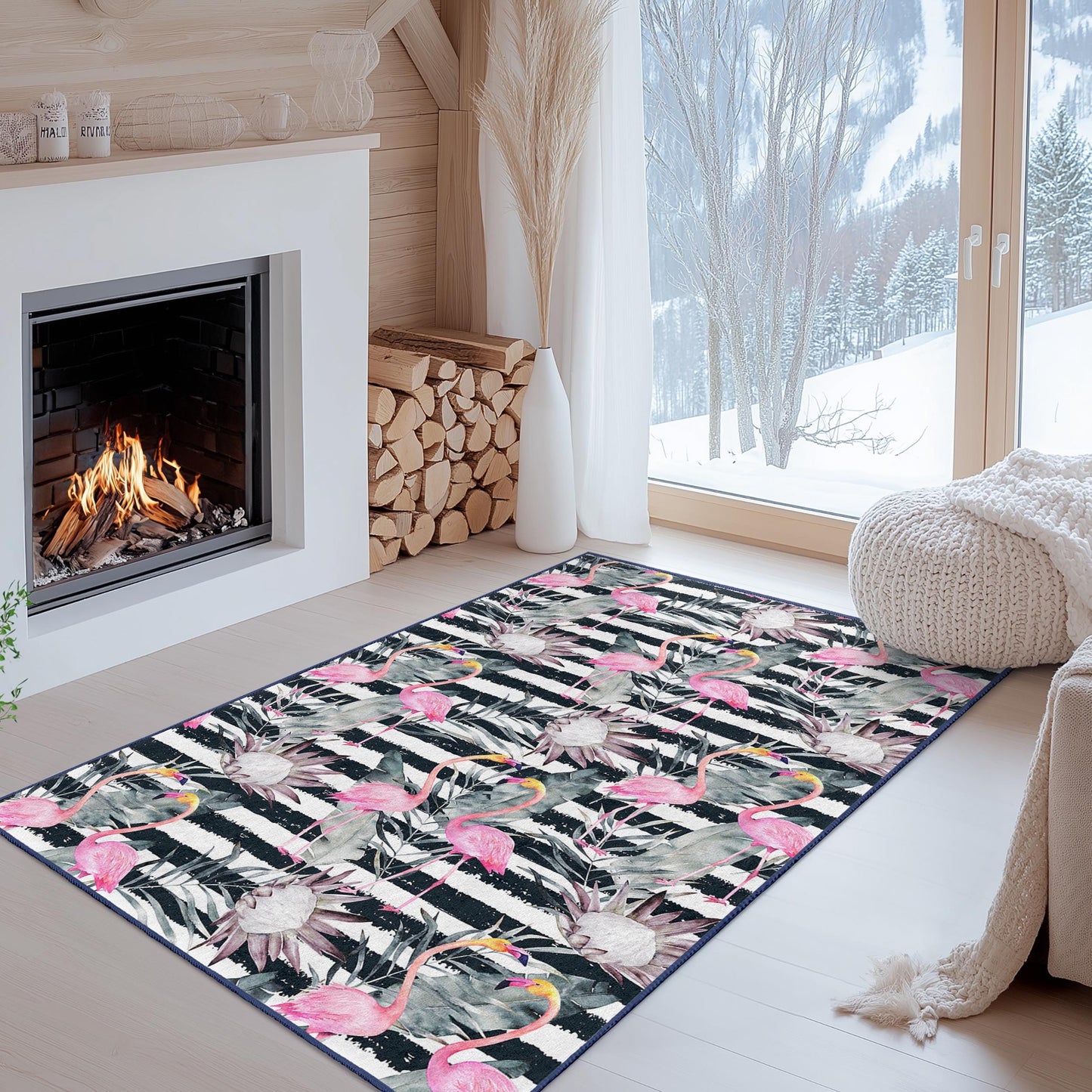 Rechteckiger Teppich mit tropischem Flamingo-Motiv, gestreifter Teppich mit Blumenmuster, moderner Wohnzimmerteppich, Strandhaus-Dekoration, Kinderzimmerteppich