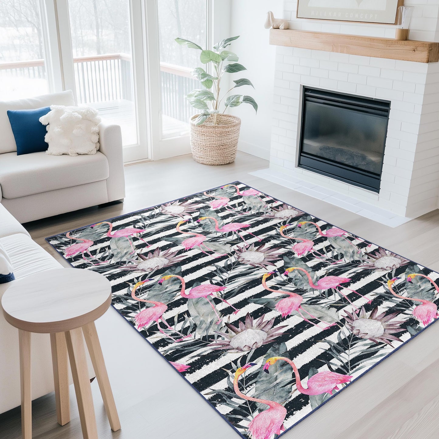 Rechteckiger Teppich mit tropischem Flamingo-Motiv, gestreifter Teppich mit Blumenmuster, moderner Wohnzimmerteppich, Strandhaus-Dekoration, Kinderzimmerteppich