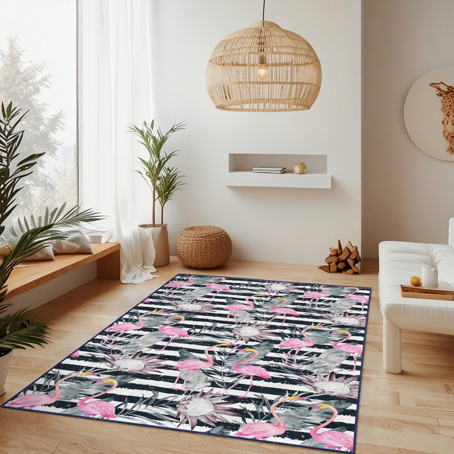 Rechteckiger Teppich mit tropischem Flamingo-Motiv, gestreifter Teppich mit Blumenmuster, moderner Wohnzimmerteppich, Strandhaus-Dekoration, Kinderzimmerteppich