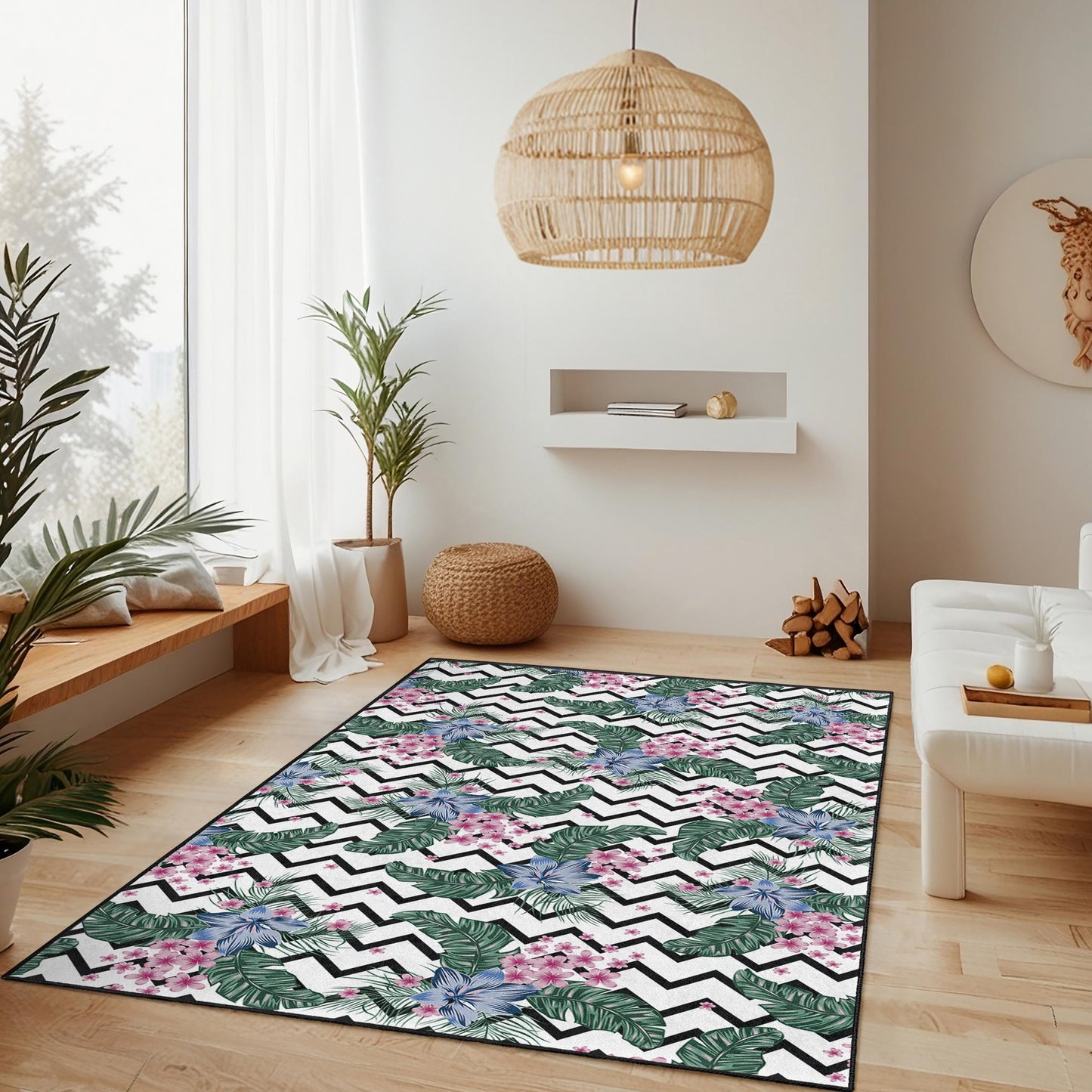 Rechteckiger Teppich mit fröhlichem Blumenmuster, schwarz-weißes Chevron-Design, Wohnzimmerteppich, Wohnaccessoire, Teppich im Boho-Stil