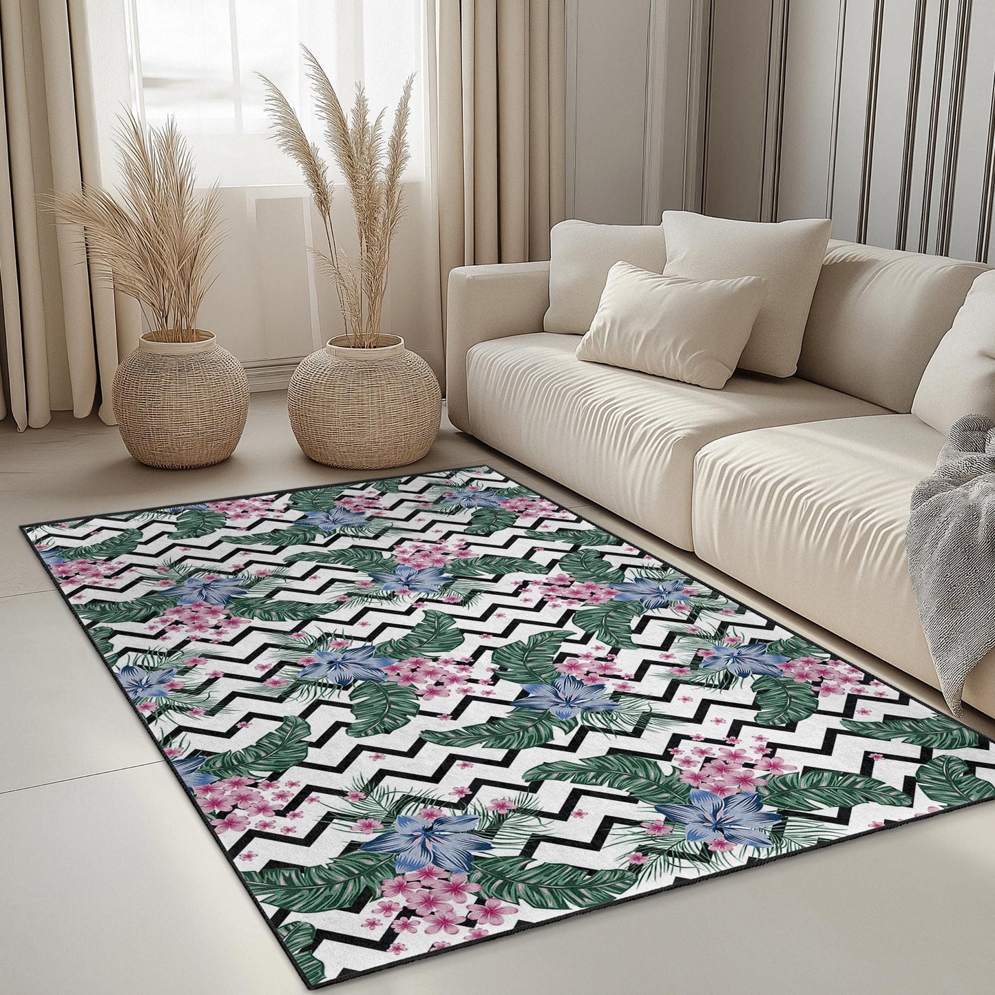 Rechteckiger Teppich mit fröhlichem Blumenmuster, schwarz-weißes Chevron-Design, Wohnzimmerteppich, Wohnaccessoire, Teppich im Boho-Stil
