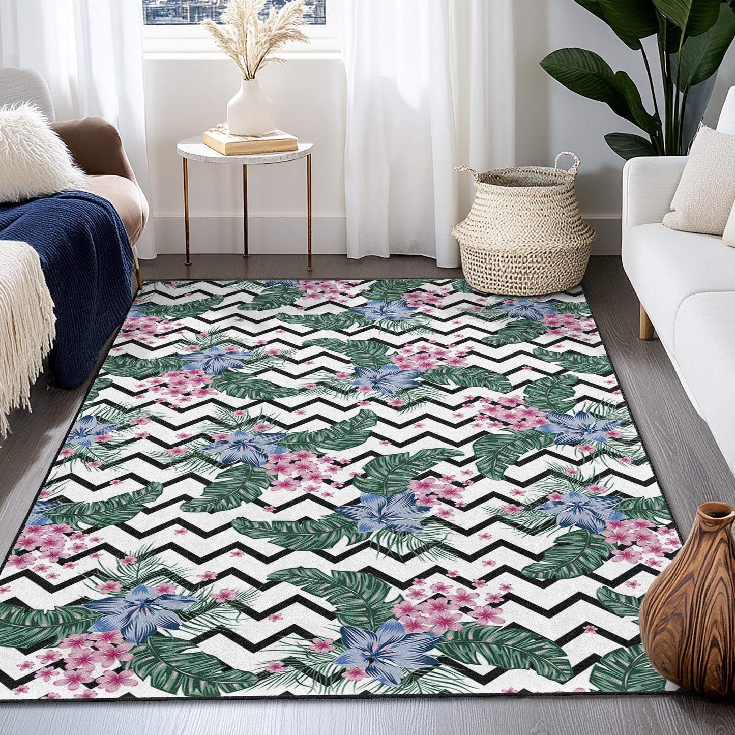 Rechteckiger Teppich mit fröhlichem Blumenmuster, schwarz-weißes Chevron-Design, Wohnzimmerteppich, Wohnaccessoire, Teppich im Boho-Stil