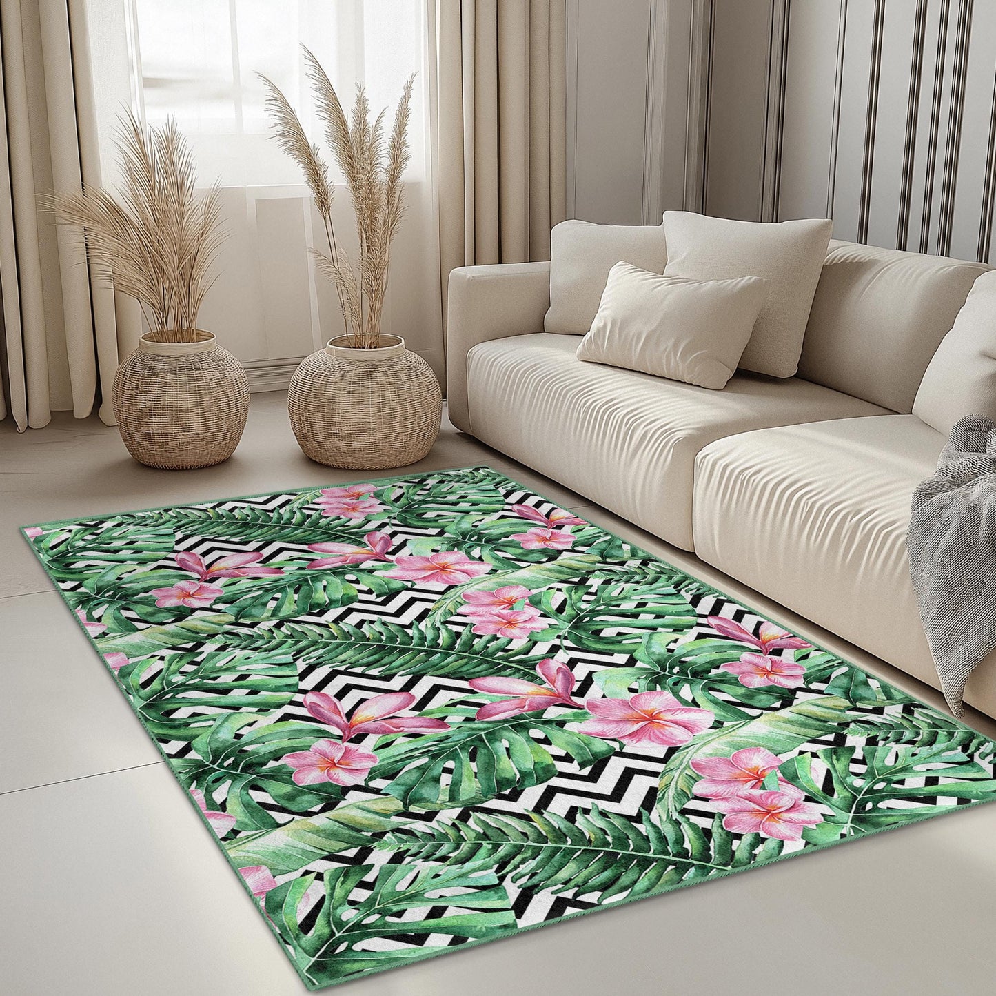 Rechteckiger Teppich mit tropischem Blumenmuster, Teppich mit botanischem Blattdesign, Wohnzimmerteppich, Innendekoration, Naturinspirierter Wohnteppich