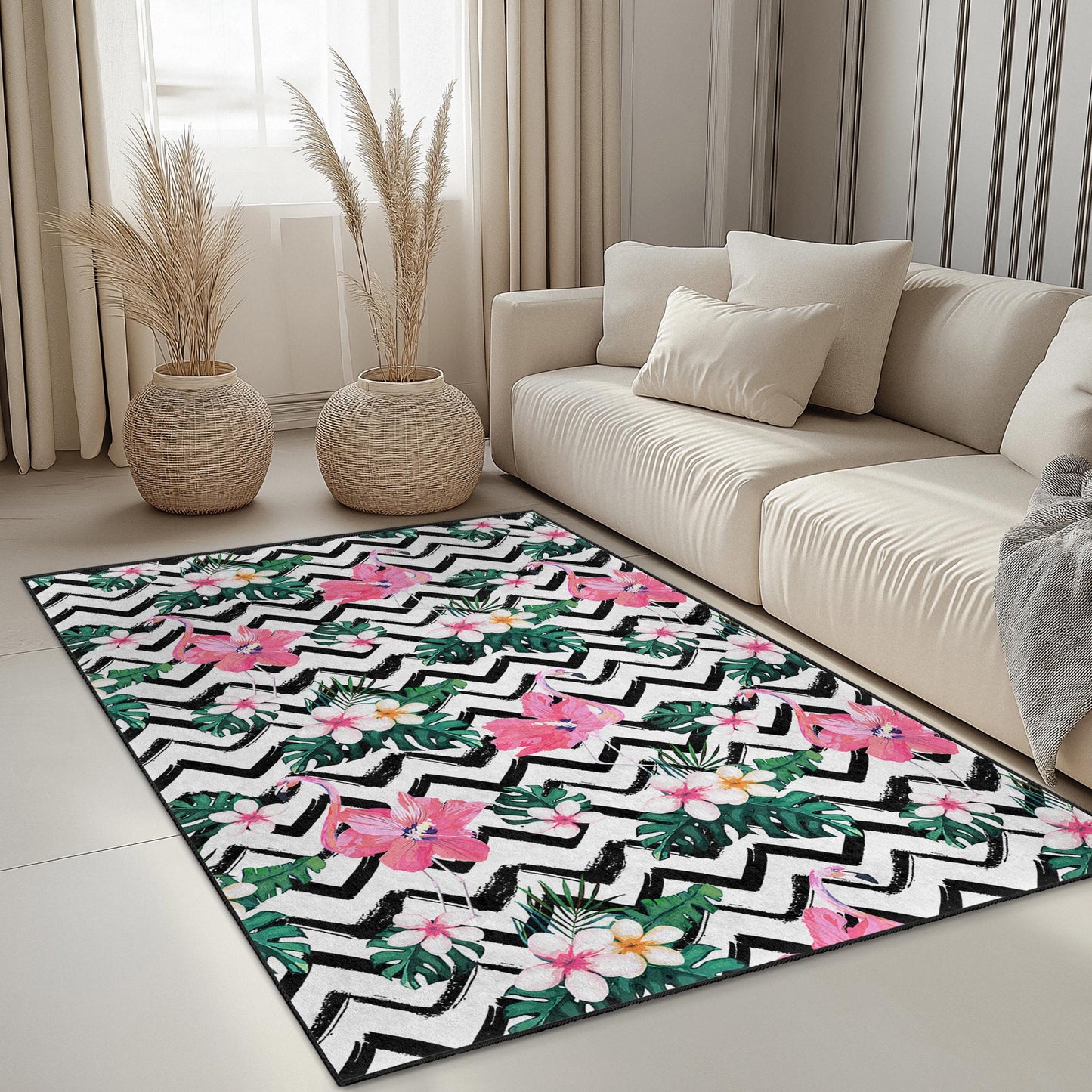 Tropischer Flamingo-Teppich, Teppich mit Blumenmuster, rechteckiger Wohnzimmerteppich, schicke Wohndekoration, Teppich im Bohème-Stil