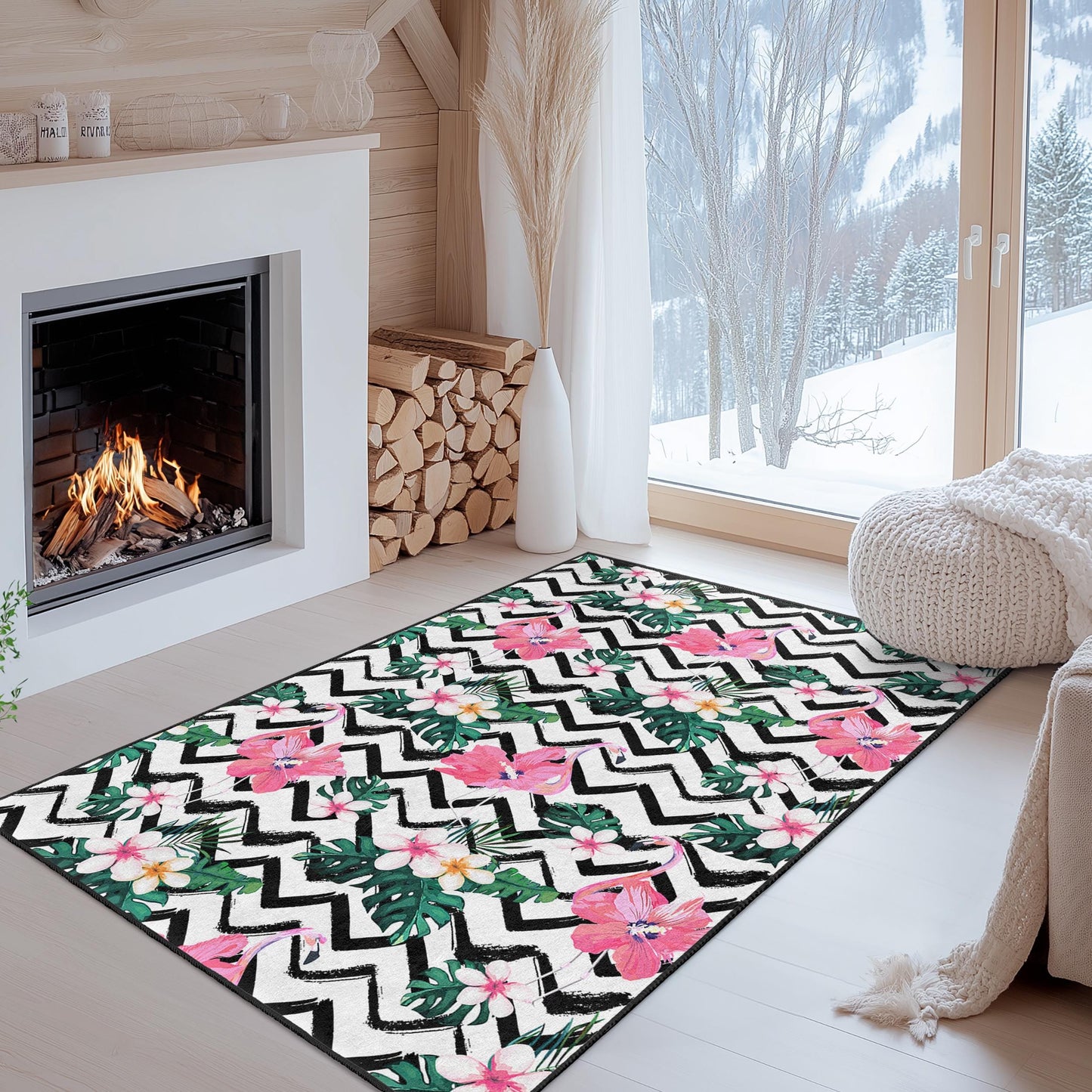 Tropischer Flamingo-Teppich, Teppich mit Blumenmuster, rechteckiger Wohnzimmerteppich, schicke Wohndekoration, Teppich im Bohème-Stil