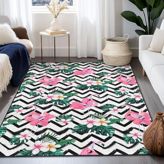 Tropical Flamingo Area Rug, Floral Pattern Carpet, Rectangular Living Room Rug, Chic Home Decor, Bohemian Style Rug