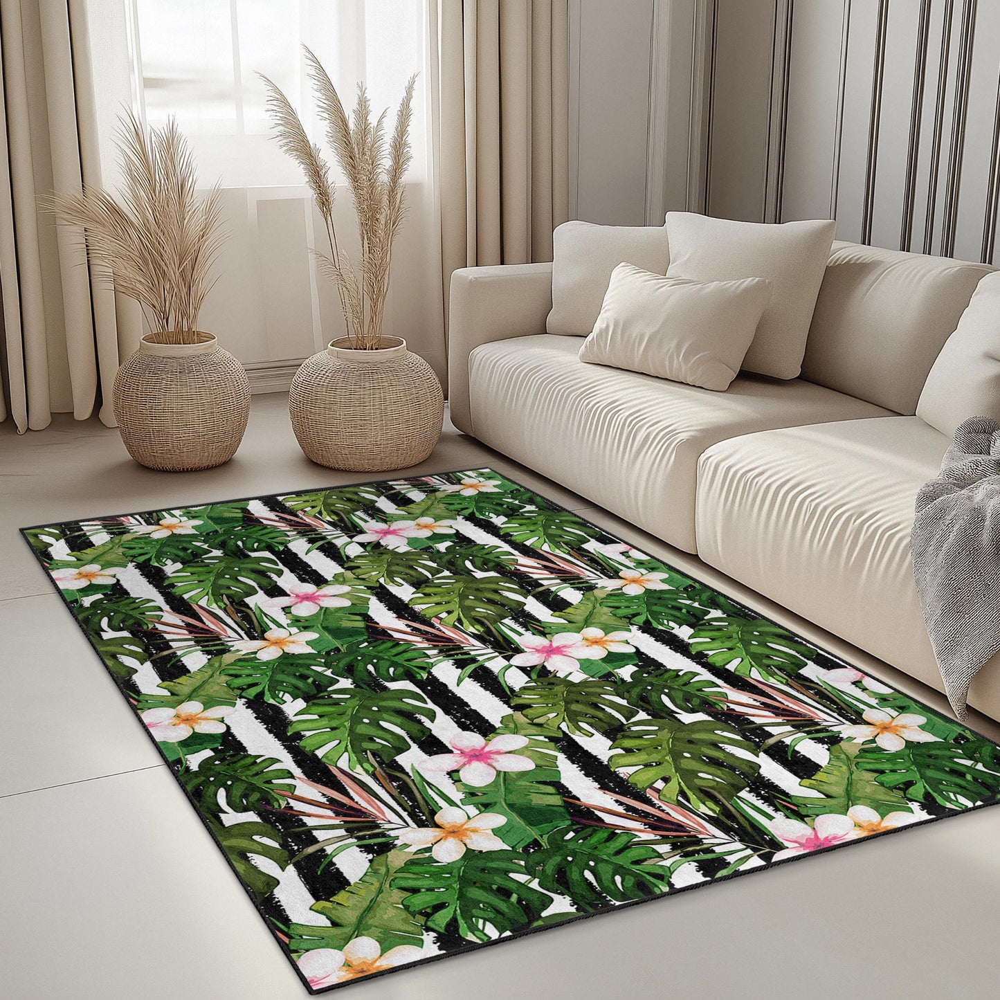 Teppich mit tropischem Blättermuster, rechteckiger Teppich mit Blumenmuster, Wohnzimmerteppich, moderne Wohndekoration, Teppich für drinnen und draußen, im Bohème-Stil