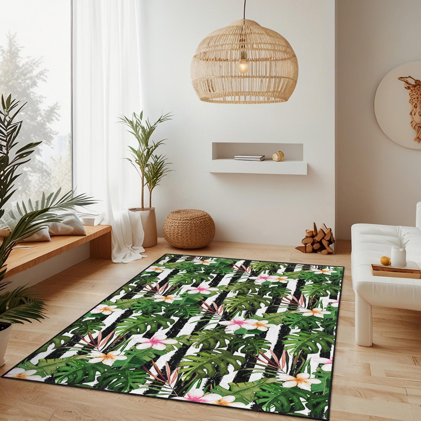 Teppich mit tropischem Blättermuster, rechteckiger Teppich mit Blumenmuster, Wohnzimmerteppich, moderne Wohndekoration, Teppich für drinnen und draußen, im Bohème-Stil