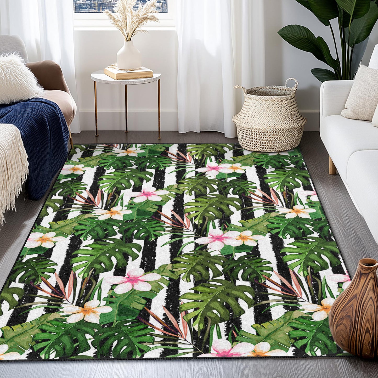 Teppich mit tropischem Blättermuster, rechteckiger Teppich mit Blumenmuster, Wohnzimmerteppich, moderne Wohndekoration, Teppich für drinnen und draußen, im Bohème-Stil