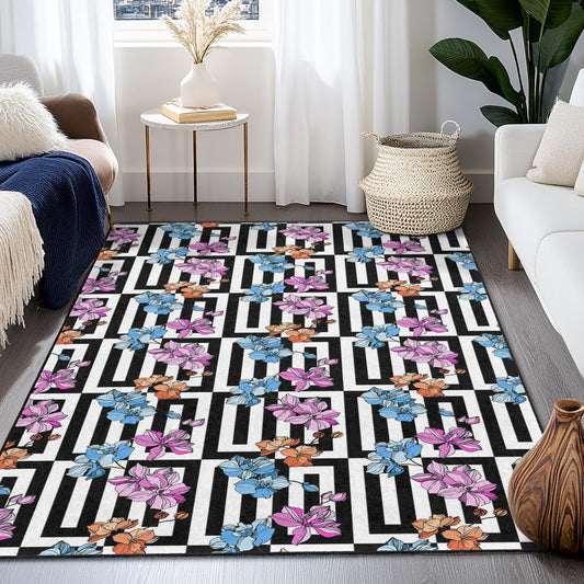 Floral Geometric Pattern Area Rug, Modern Rectangle Rug for Living Room, Stylish Home Decor, Elegant Floral Carpet, Colorful Floor Mat