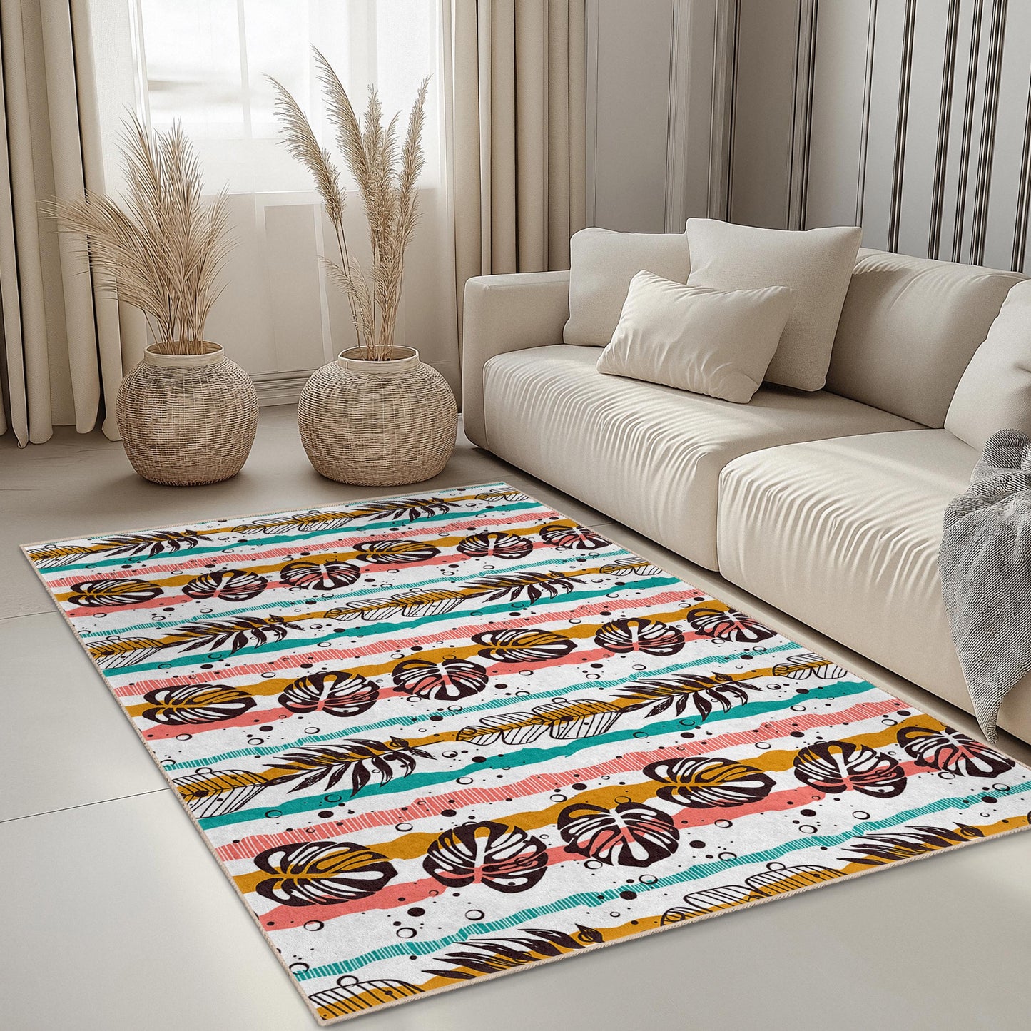 Rechteckiger Teppich mit tropischem Blattmuster, Boho-Streifenteppich, Wohnzimmerdeko, moderner Heimteppich, Fußmatte für den Innenbereich