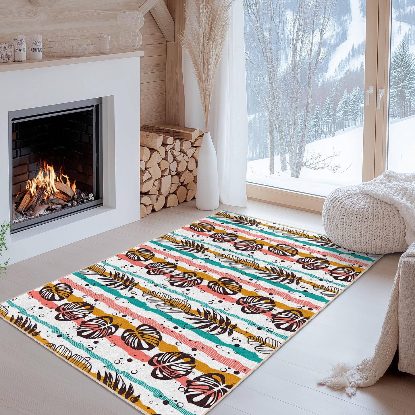 Rechteckiger Teppich mit tropischem Blattmuster, Boho-Streifenteppich, Wohnzimmerdeko, moderner Heimteppich, Fußmatte für den Innenbereich