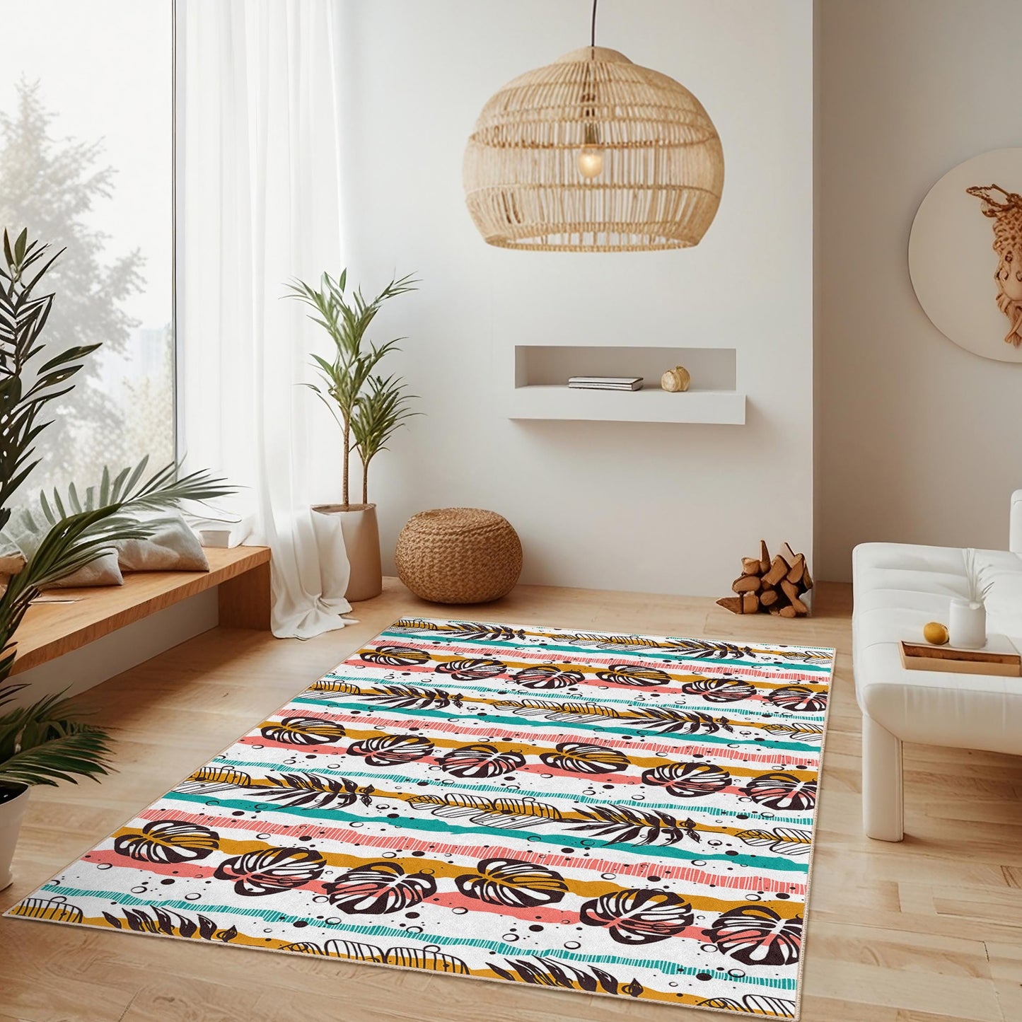 Rechteckiger Teppich mit tropischem Blattmuster, Boho-Streifenteppich, Wohnzimmerdeko, moderner Heimteppich, Fußmatte für den Innenbereich