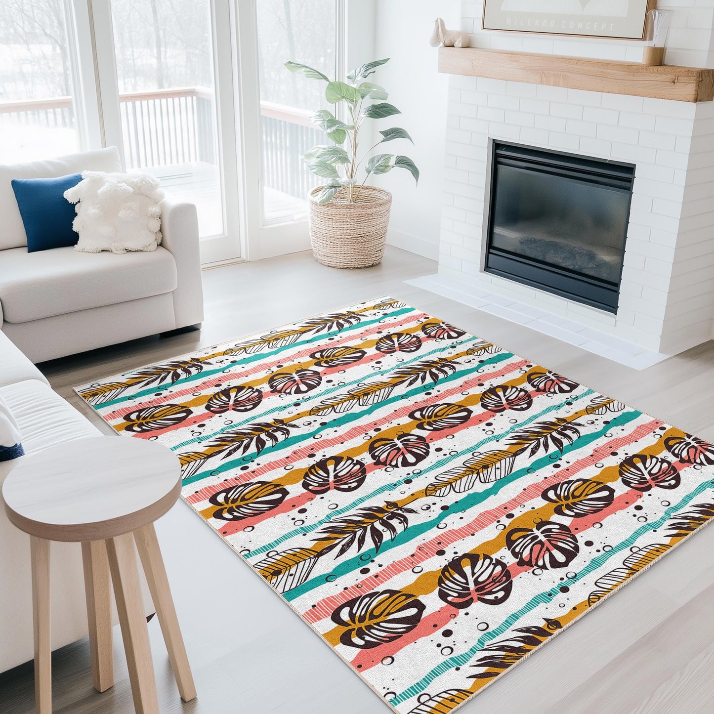 Rechteckiger Teppich mit tropischem Blattmuster, Boho-Streifenteppich, Wohnzimmerdeko, moderner Heimteppich, Fußmatte für den Innenbereich