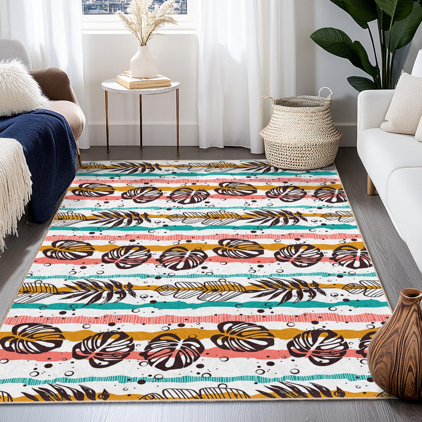 Tropical Leaf Pattern Rectangle Area Rug, Boho Striped Carpet, Living Room Decor, Modern Home Rug, Indoor Floor Mat