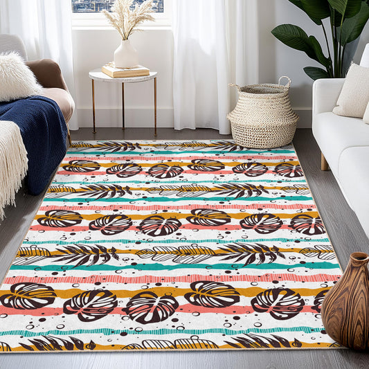 Tropical Leaf Pattern Rectangle Area Rug, Boho Striped Carpet, Living Room Decor, Modern Home Rug, Indoor Floor Mat