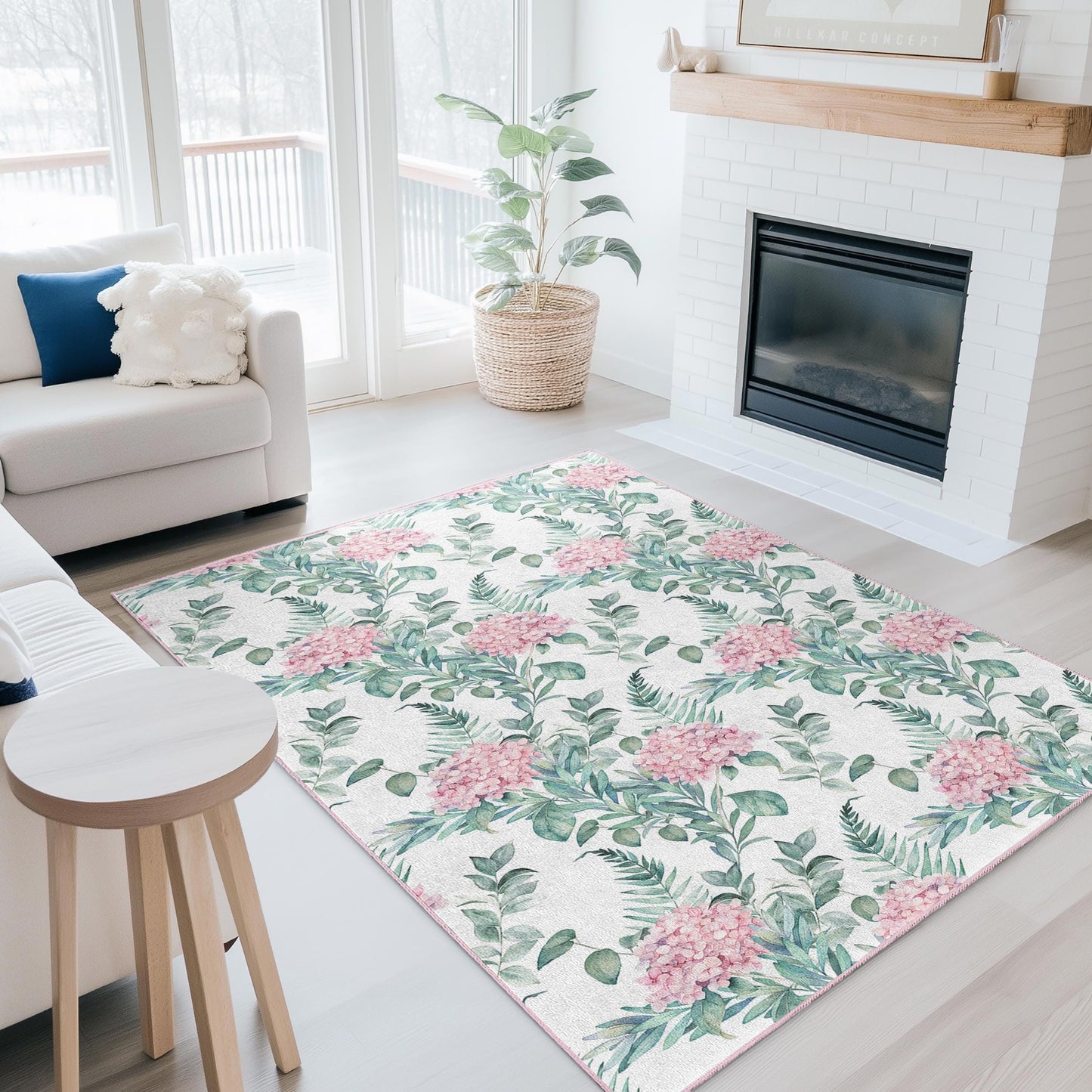 Rechteckiger Teppich mit Blumenmuster, Wohnzimmerteppich mit rosa Hortensienmotiv, botanische Dekoration für Zuhause, weiche und kuschelige Fußmatte