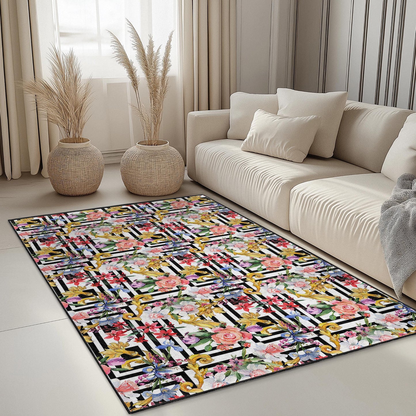 Rechteckiger Teppich mit floralem Streifenmuster, eleganter, moderner Wohnzimmerteppich, stilvolle Wohndekoration, Fußmatte für den Innenbereich