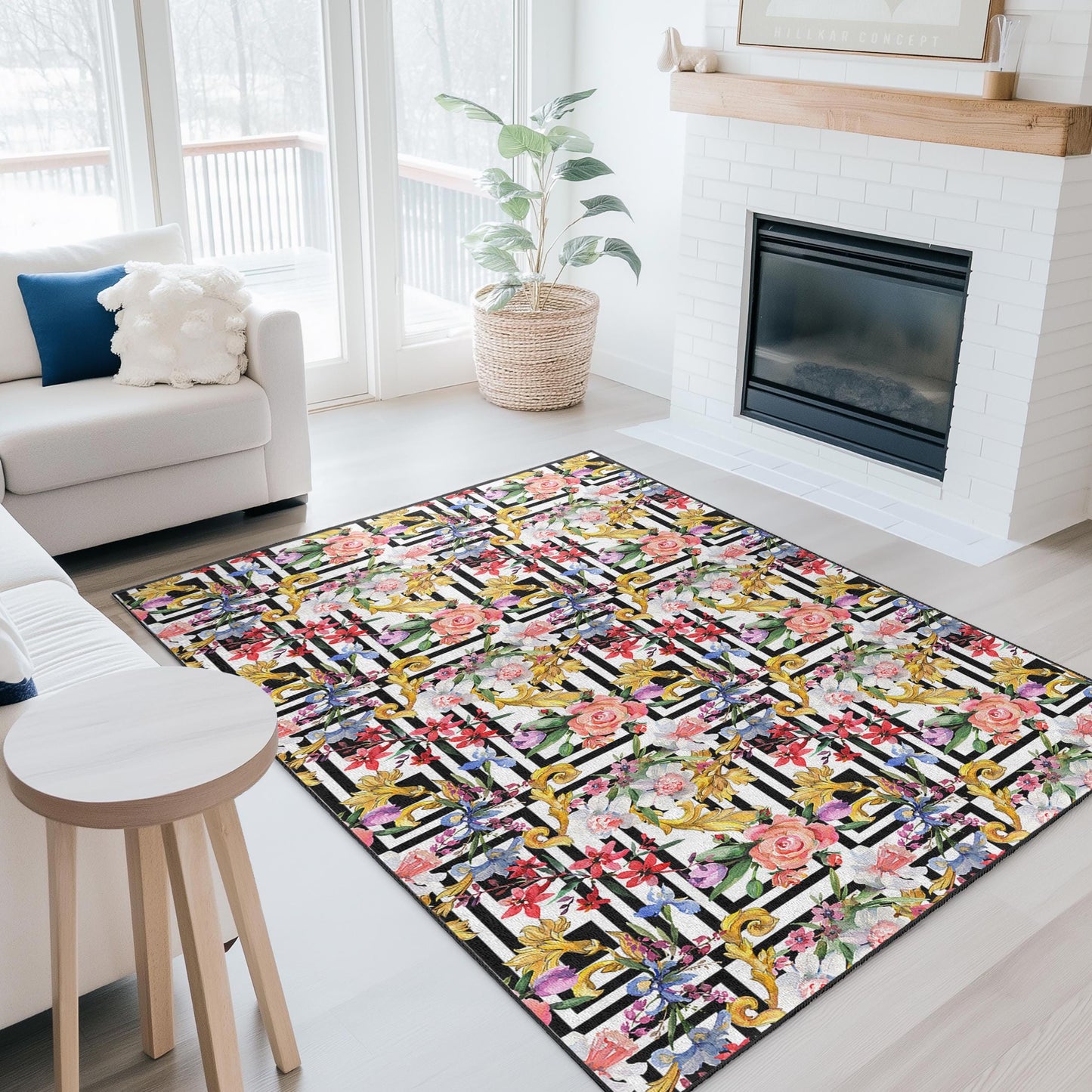 Rechteckiger Teppich mit floralem Streifenmuster, eleganter, moderner Wohnzimmerteppich, stilvolle Wohndekoration, Fußmatte für den Innenbereich