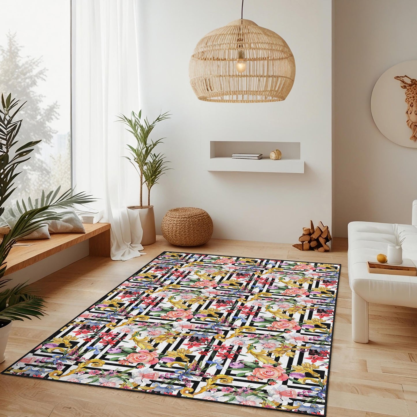 Rechteckiger Teppich mit floralem Streifenmuster, eleganter, moderner Wohnzimmerteppich, stilvolle Wohndekoration, Fußmatte für den Innenbereich