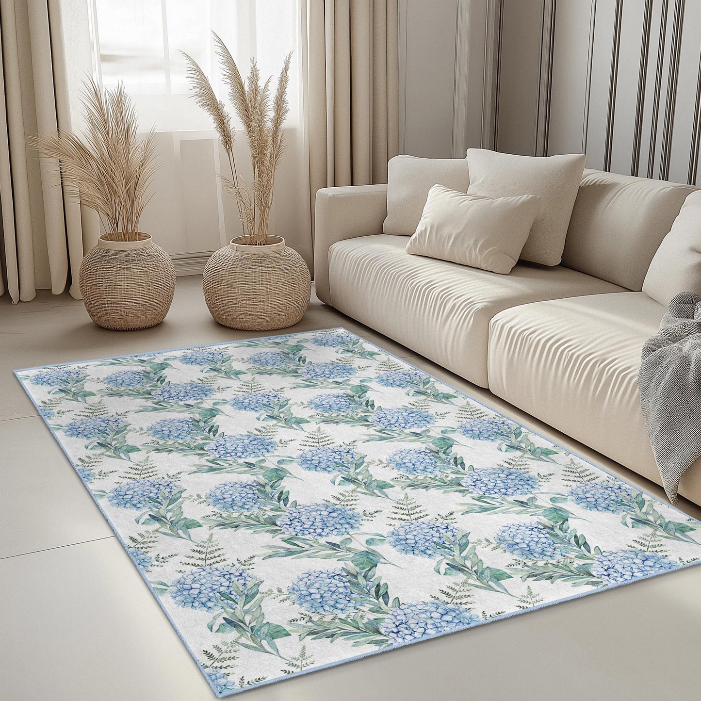 Rechteckiger Teppich mit Blumenmuster, blauer Hortensien-Design, Wohnzimmerteppich, weiche Blumenmatte, Wohnaccessoire, Teppich für den Innenbereich