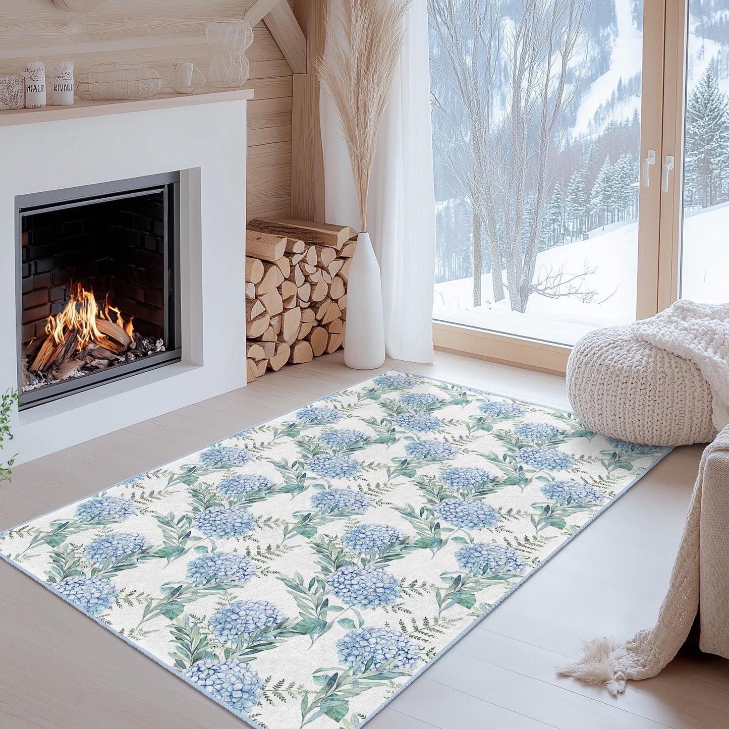 Rechteckiger Teppich mit Blumenmuster, blauer Hortensien-Design, Wohnzimmerteppich, weiche Blumenmatte, Wohnaccessoire, Teppich für den Innenbereich