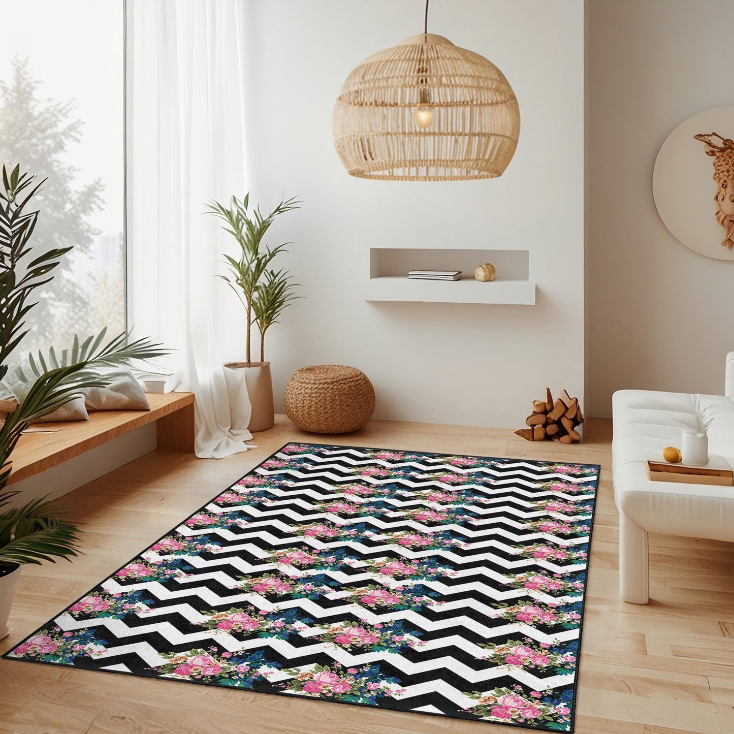 Rechteckiger Teppich mit Chevron-Blumenmuster, moderner schwarz-weißer Teppich, stilvoller Wohnzimmerteppich, schicke Heimdeko-Matte