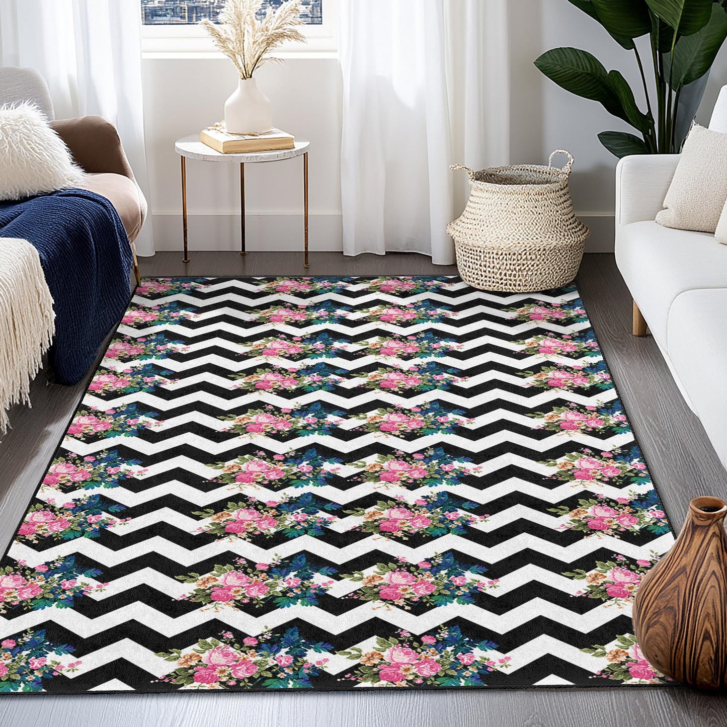 Rechteckiger Teppich mit Chevron-Blumenmuster, moderner schwarz-weißer Teppich, stilvoller Wohnzimmerteppich, schicke Heimdeko-Matte