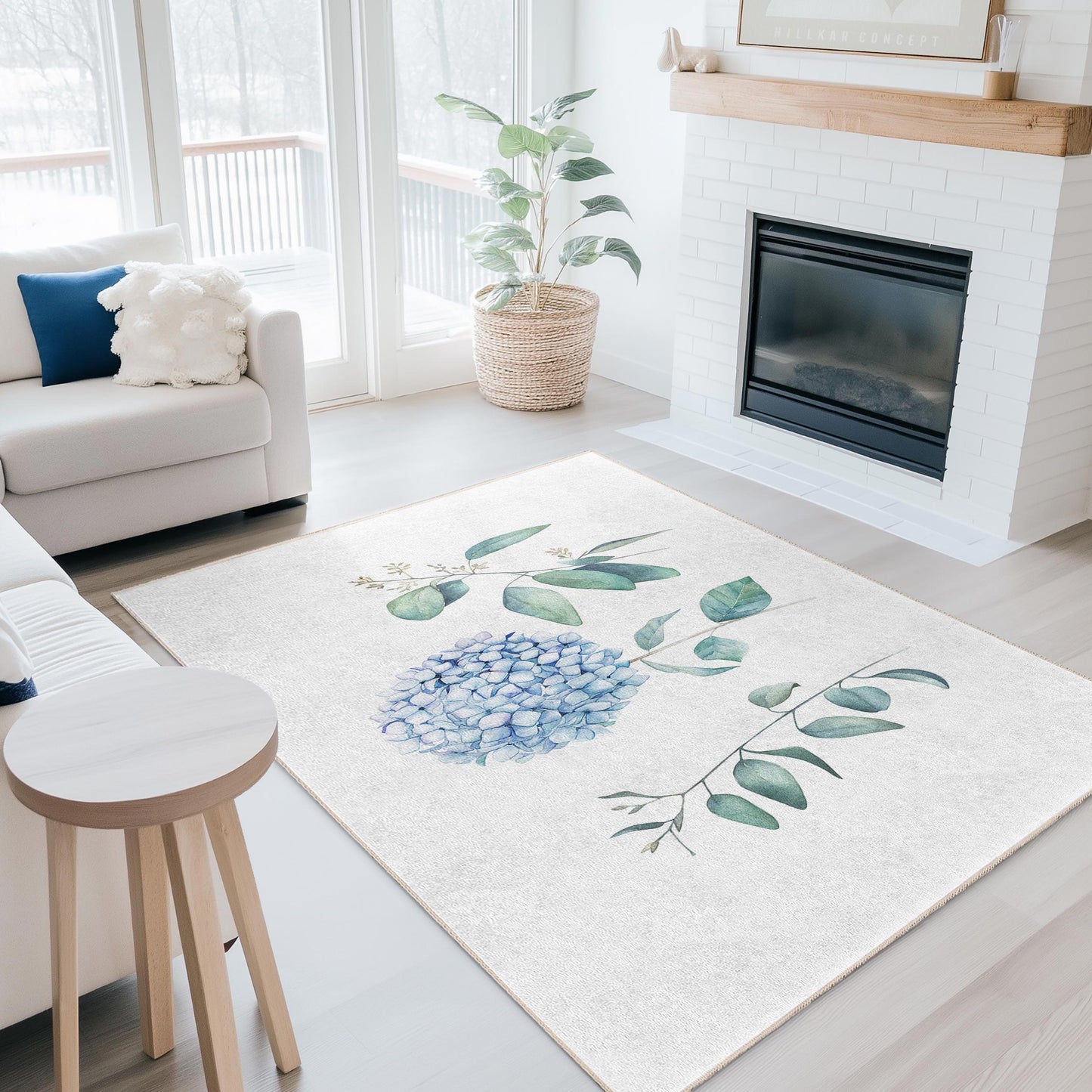 Eleganter rechteckiger Teppich mit blauem Blumenmuster, botanisches Design, weicher Teppich für den Innenbereich zur Dekoration