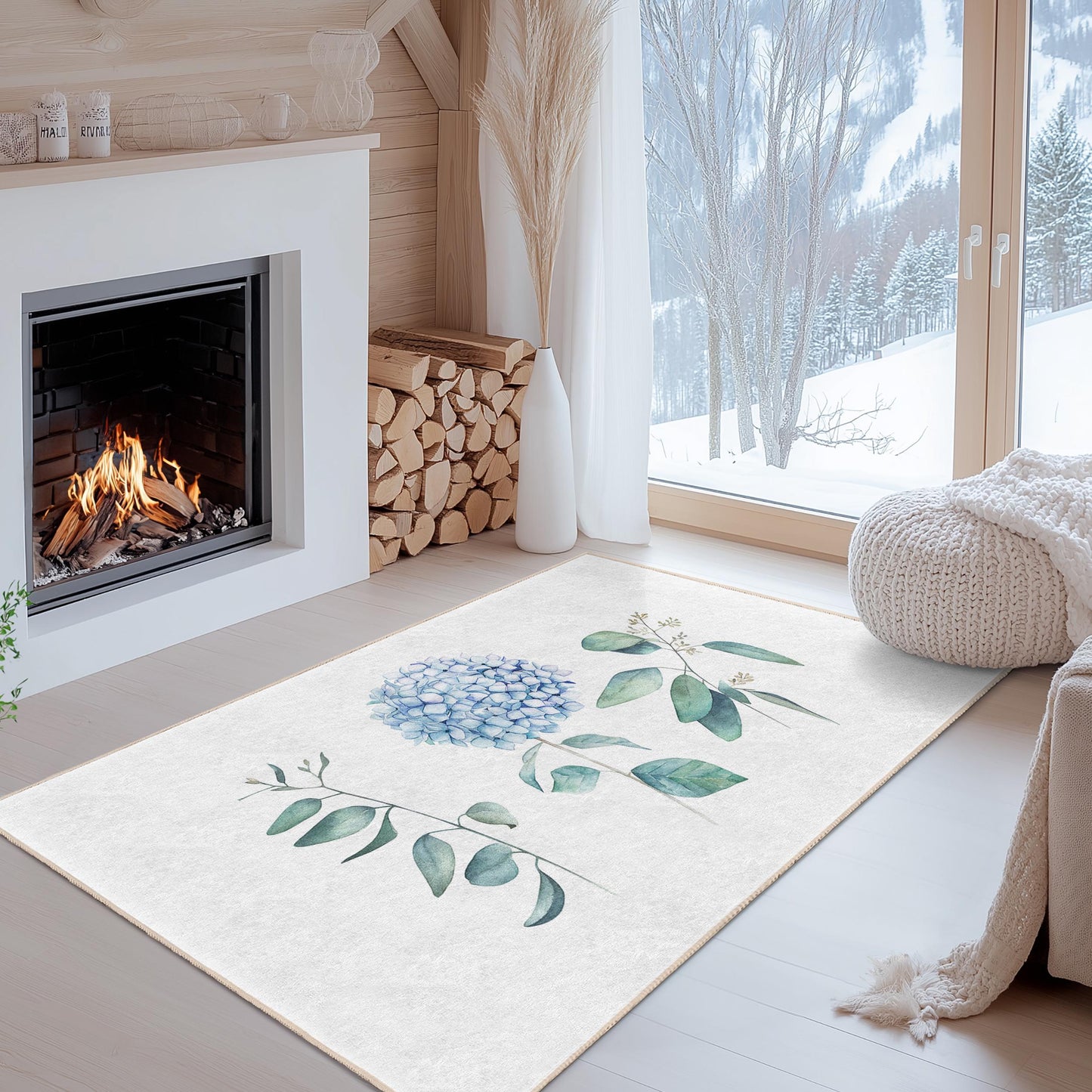 Eleganter rechteckiger Teppich mit blauem Blumenmuster, botanisches Design, weicher Teppich für den Innenbereich zur Dekoration