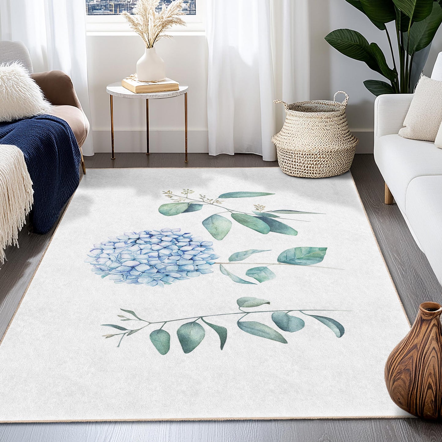 Eleganter rechteckiger Teppich mit blauem Blumenmuster, botanisches Design, weicher Teppich für den Innenbereich zur Dekoration