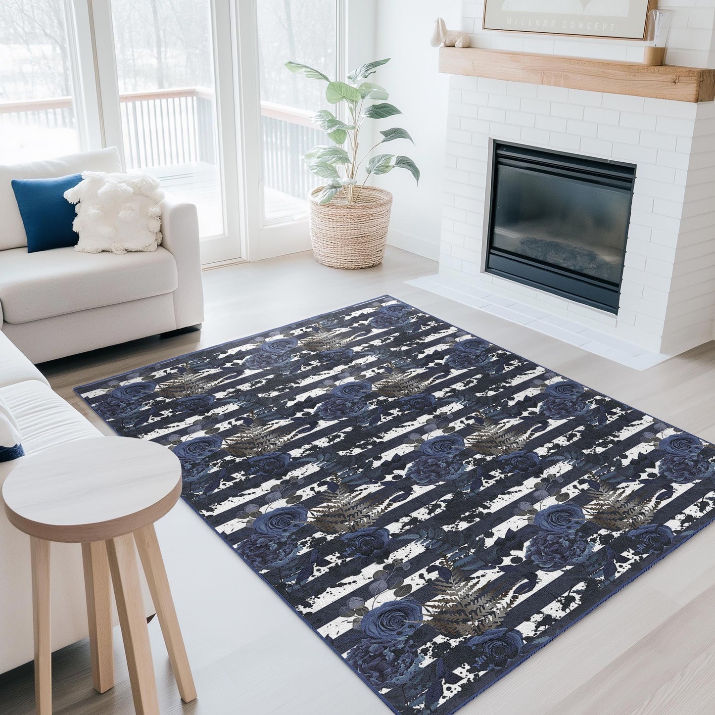 Marineblauer, gestreifter Teppich mit Blumenmuster, rechteckiger Teppich mit Blumenmuster für das Wohnzimmer, moderne Wohndekoration, elegante gestreifte Fußmatte