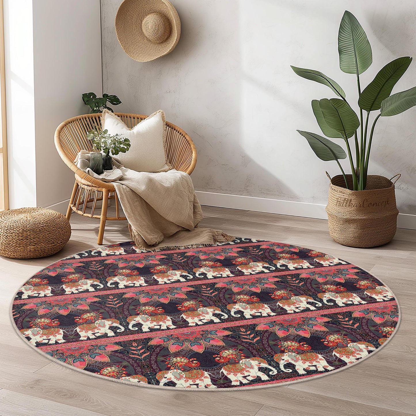 Eleganter runder Teppich mit Elefantenmuster, runder Teppich im Bohème-Stil, Wohnzimmerdekoration, weicher Teppich, einzigartiges Wohnaccessoire