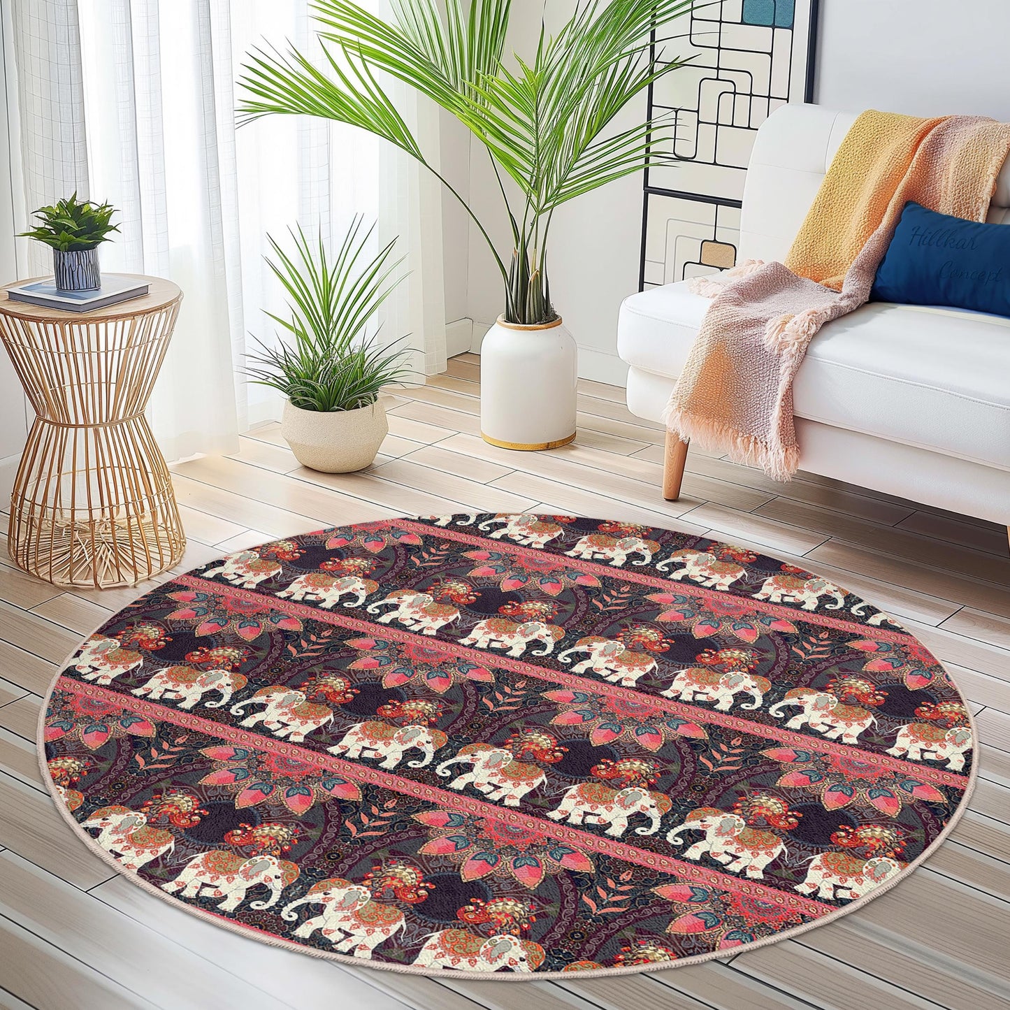 Eleganter runder Teppich mit Elefantenmuster, runder Teppich im Bohème-Stil, Wohnzimmerdekoration, weicher Teppich, einzigartiges Wohnaccessoire