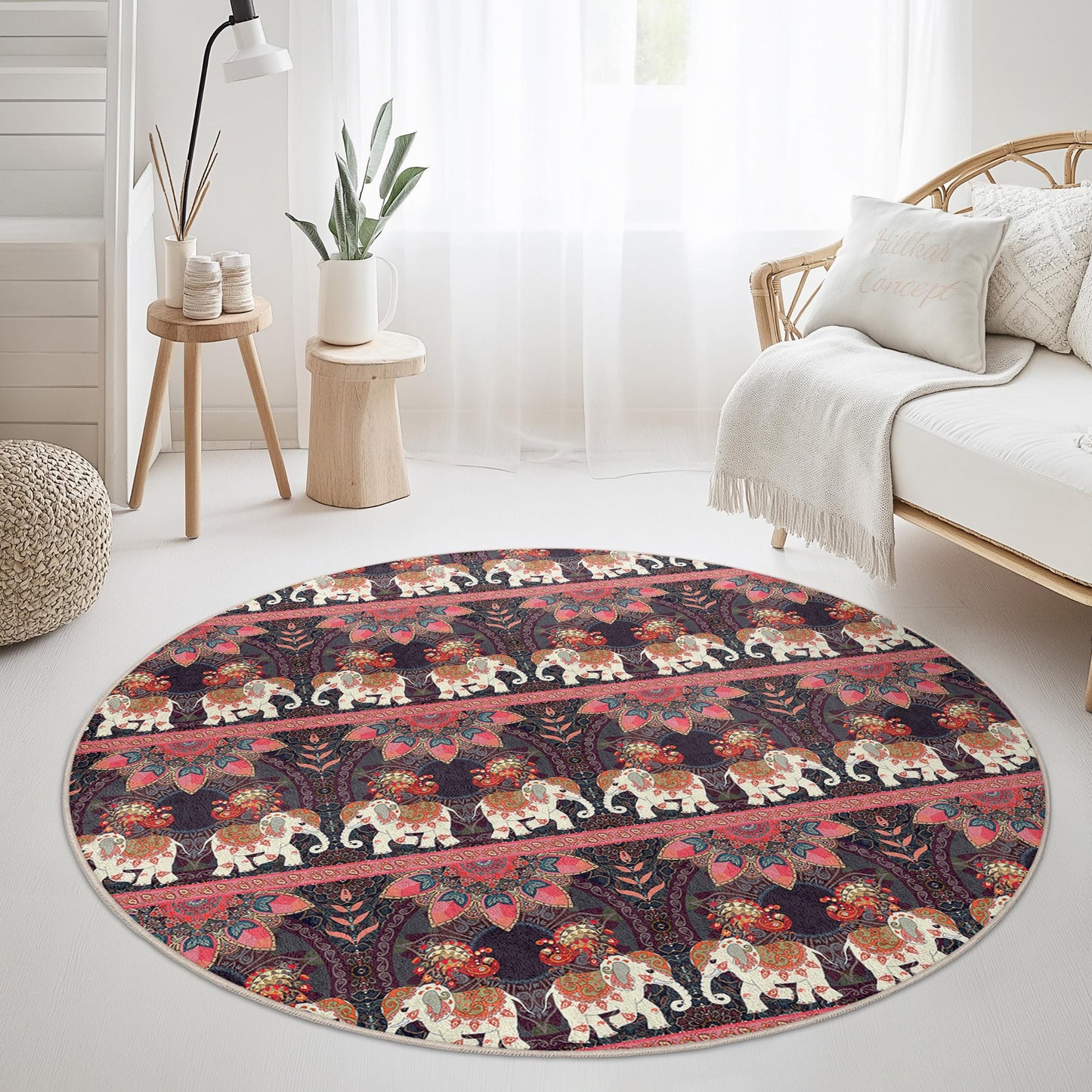 Elegant Round Elephant Pattern Area Rug, Bohemian Style Round Carpet, Living Room Decor, Soft Area Rug, Unique Home Accent