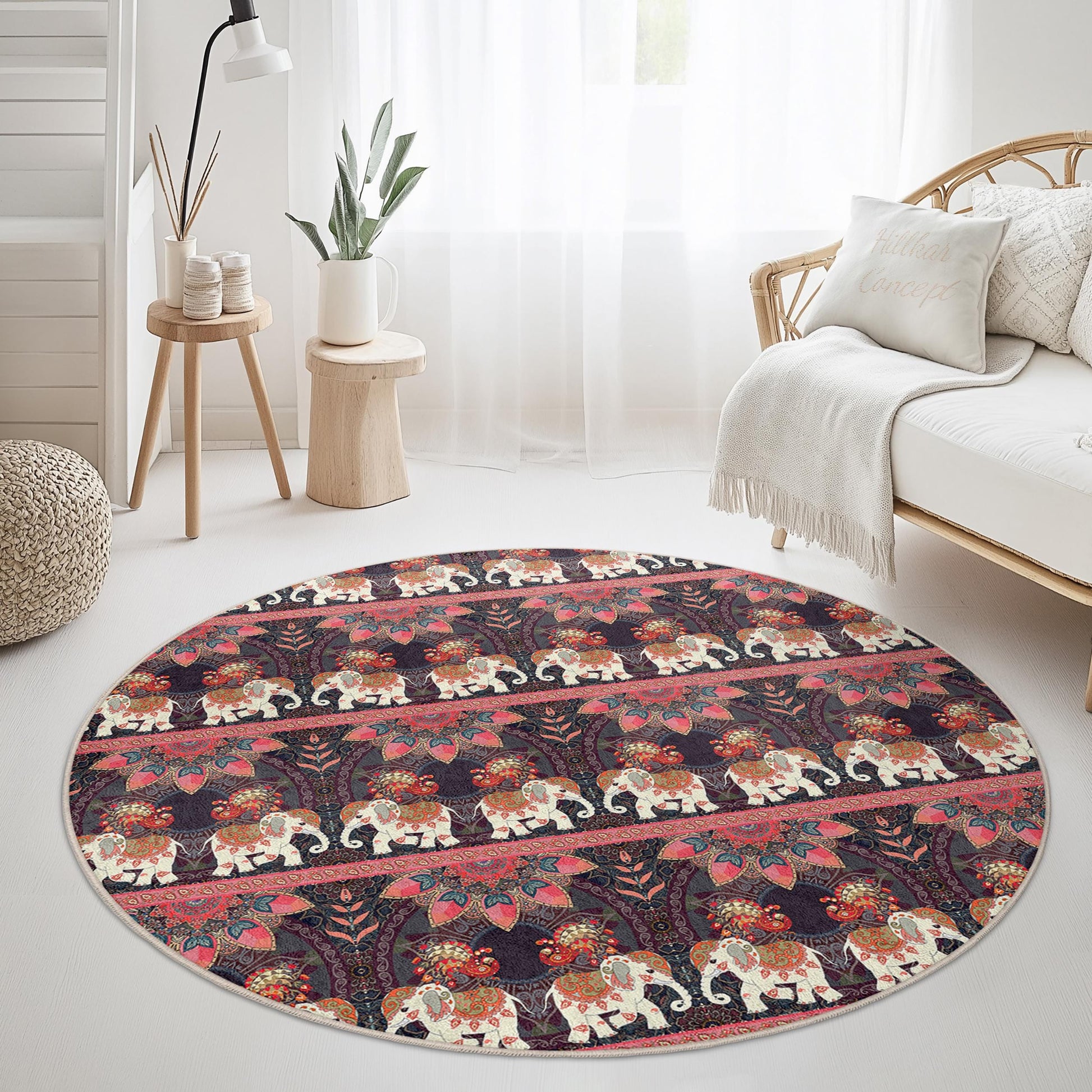Elegant Round Elephant Pattern Area Rug, Bohemian Style Round Carpet, Living Room Decor, Soft Area Rug, Unique Home Accent