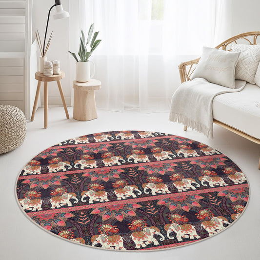 Elegant Round Elephant Pattern Area Rug, Bohemian Style Round Carpet, Living Room Decor, Soft Area Rug, Unique Home Accent