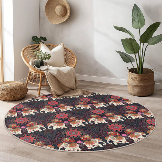 Colorful Elephant Round Area Rug, Bohemian Elephant Carpet, Round Living Room Rug, Unique Home Decor, Floral Elephant Design
