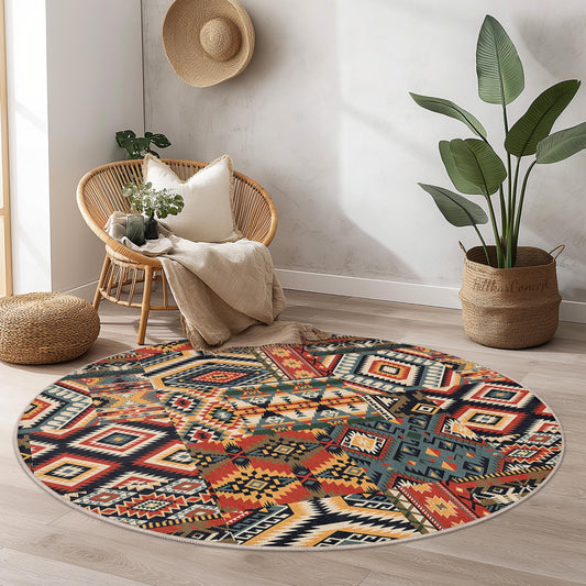 Colorful Geometric Round Area Rug, Bohemian Style Floor Mat, Soft Round Rug for Living Room, Decorative Round Carpet, Modern Home Decor