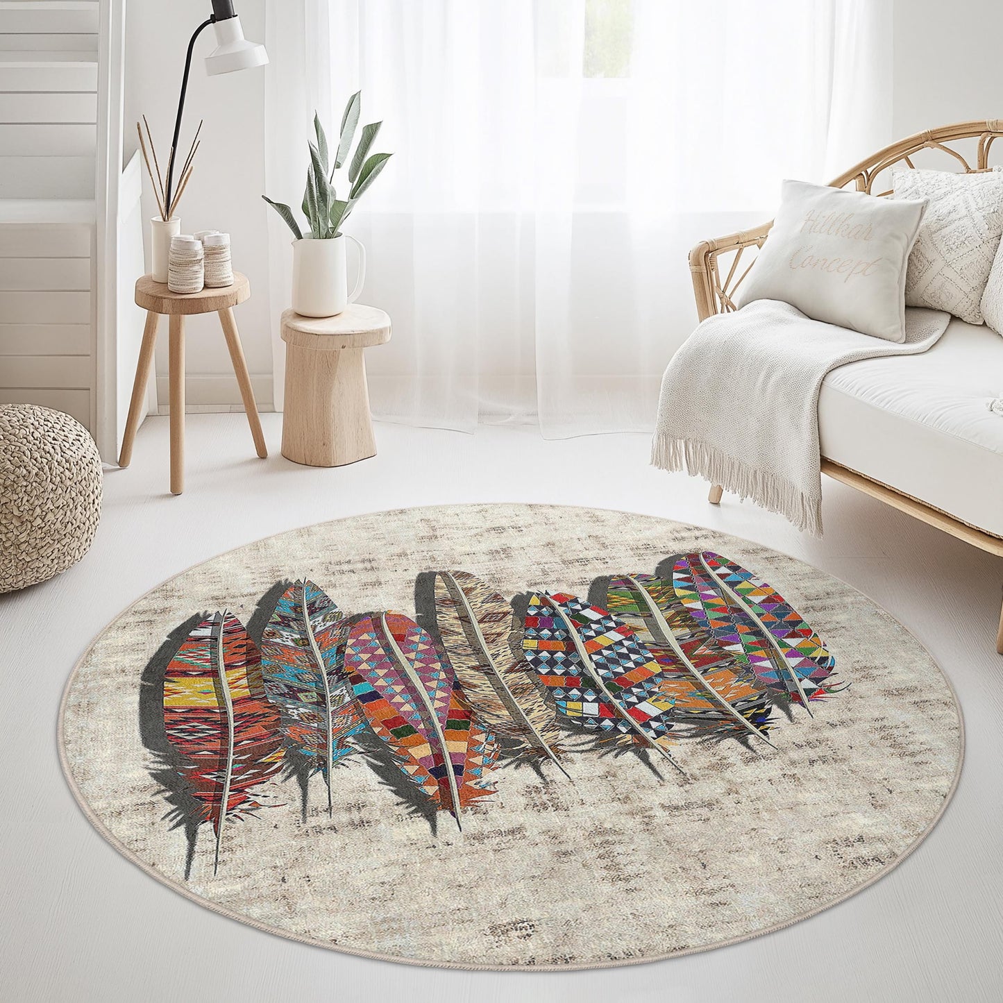 Bunter runder Teppich mit Federmuster, runder Teppich im Bohème-Stil, Teppich mit kunstvollem Federdesign, einzigartige runde Wohnzimmerdekoration