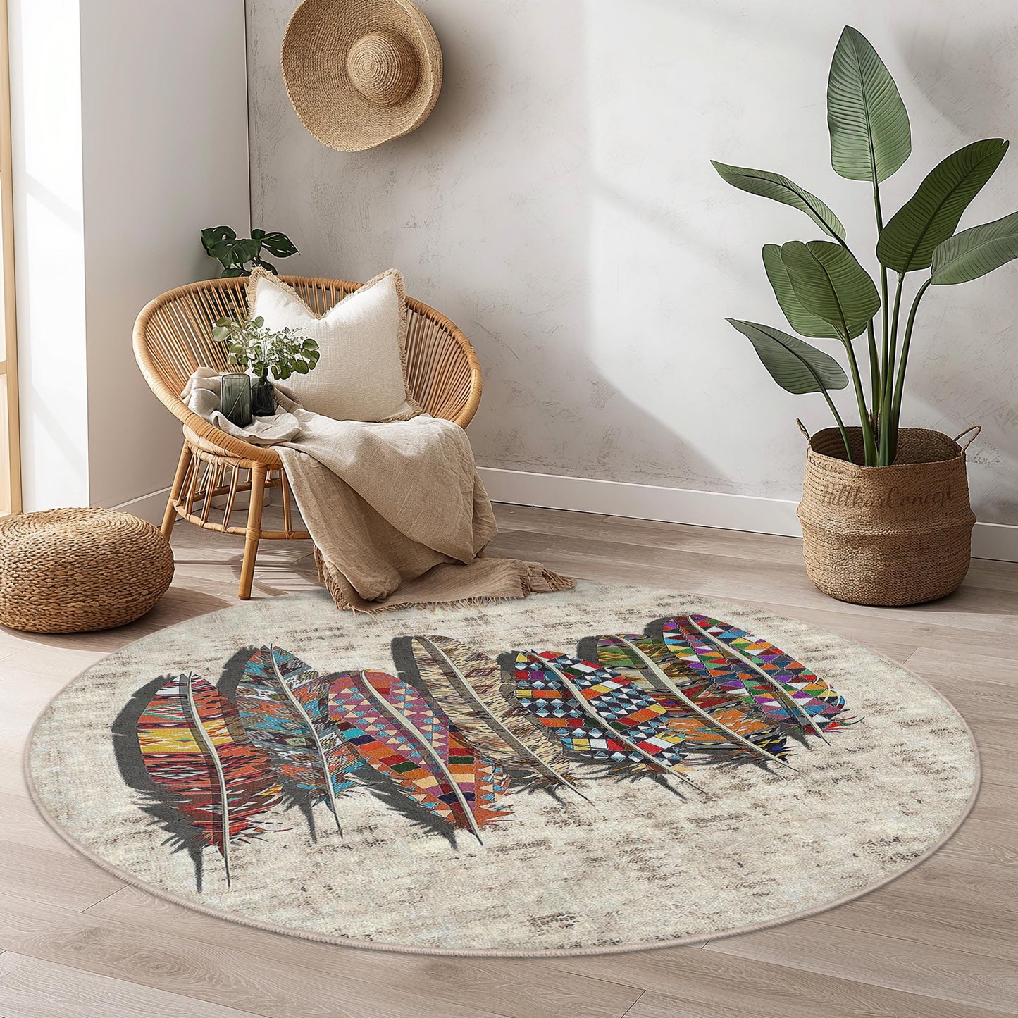 Bunter runder Teppich mit Federmuster, runder Teppich im Bohème-Stil, Teppich mit kunstvollem Federdesign, einzigartige runde Wohnzimmerdekoration