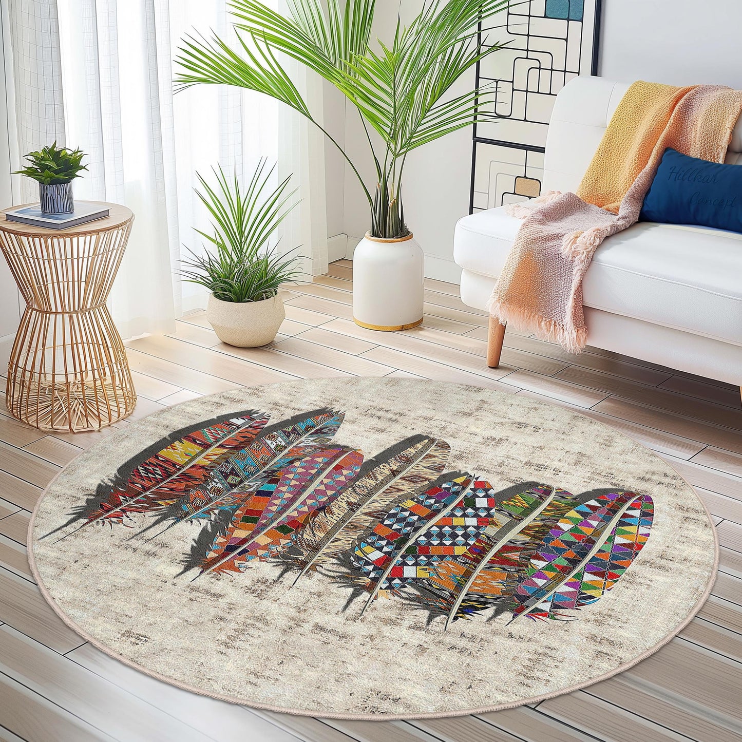 Bunter runder Teppich mit Federmuster, runder Teppich im Bohème-Stil, Teppich mit kunstvollem Federdesign, einzigartige runde Wohnzimmerdekoration