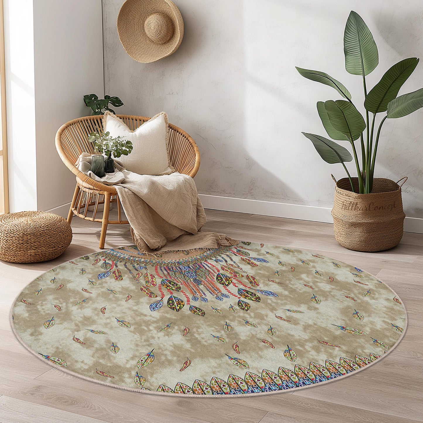 Runder Boho-Teppich, runder Teppich mit Federdesign, stilvoller Wohnzimmerteppich, einzigartige Boho-Dekoration, weiche runde Matte für Zuhause