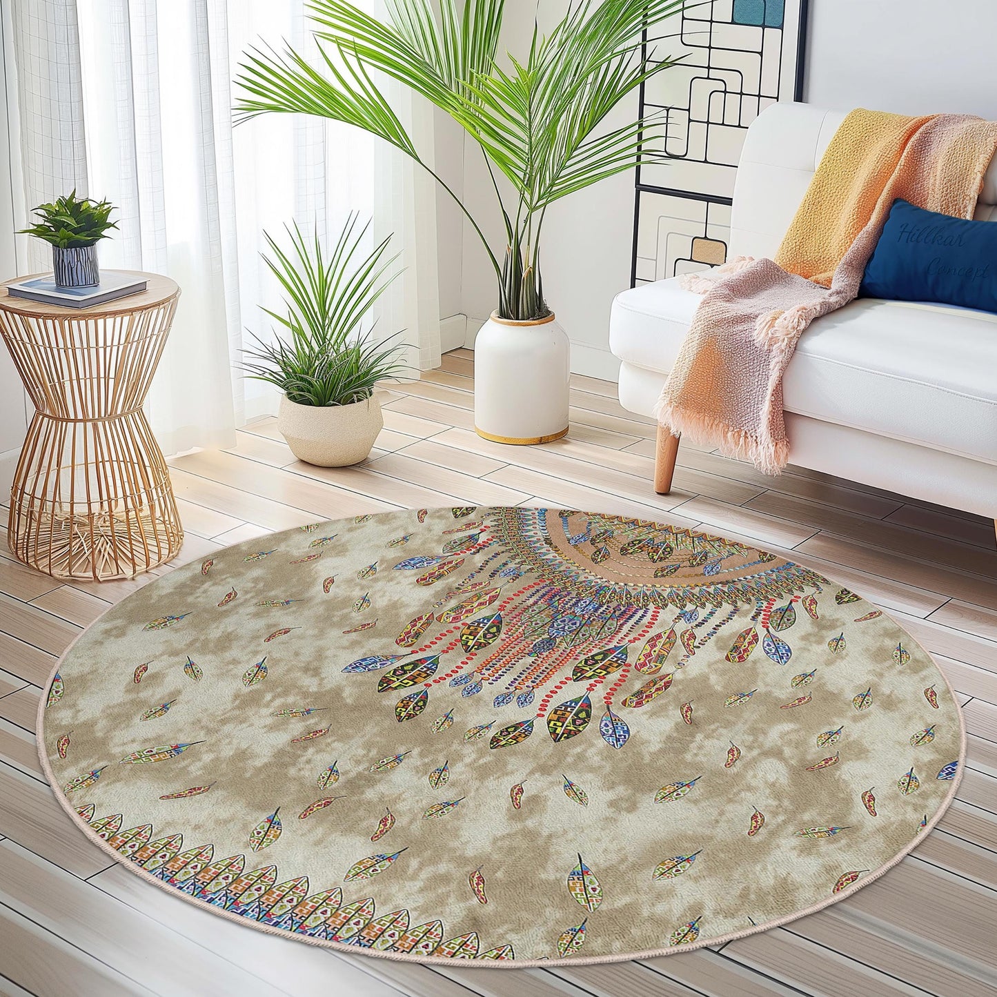 Runder Boho-Teppich, runder Teppich mit Federdesign, stilvoller Wohnzimmerteppich, einzigartige Boho-Dekoration, weiche runde Matte für Zuhause