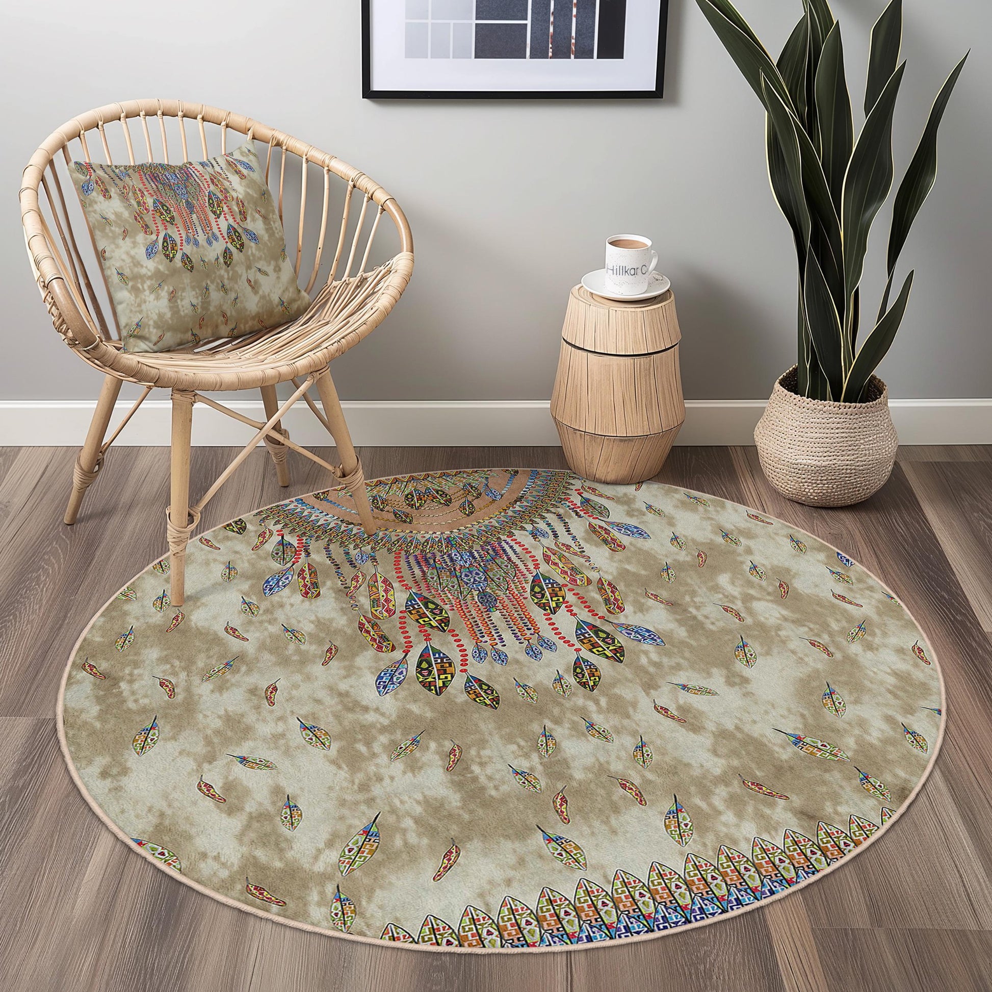 Bohemian Round Area Rug, Feather Design Round Carpet, Stylish Living Room Rug, Unique Boho Decor, Soft Round Mat for Home