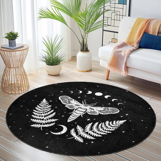 Mystical Moth Round Area Rug, Celestial Decor Rug, Black and White Moth Rug, Boho Home Decor, Unique Round Carpet