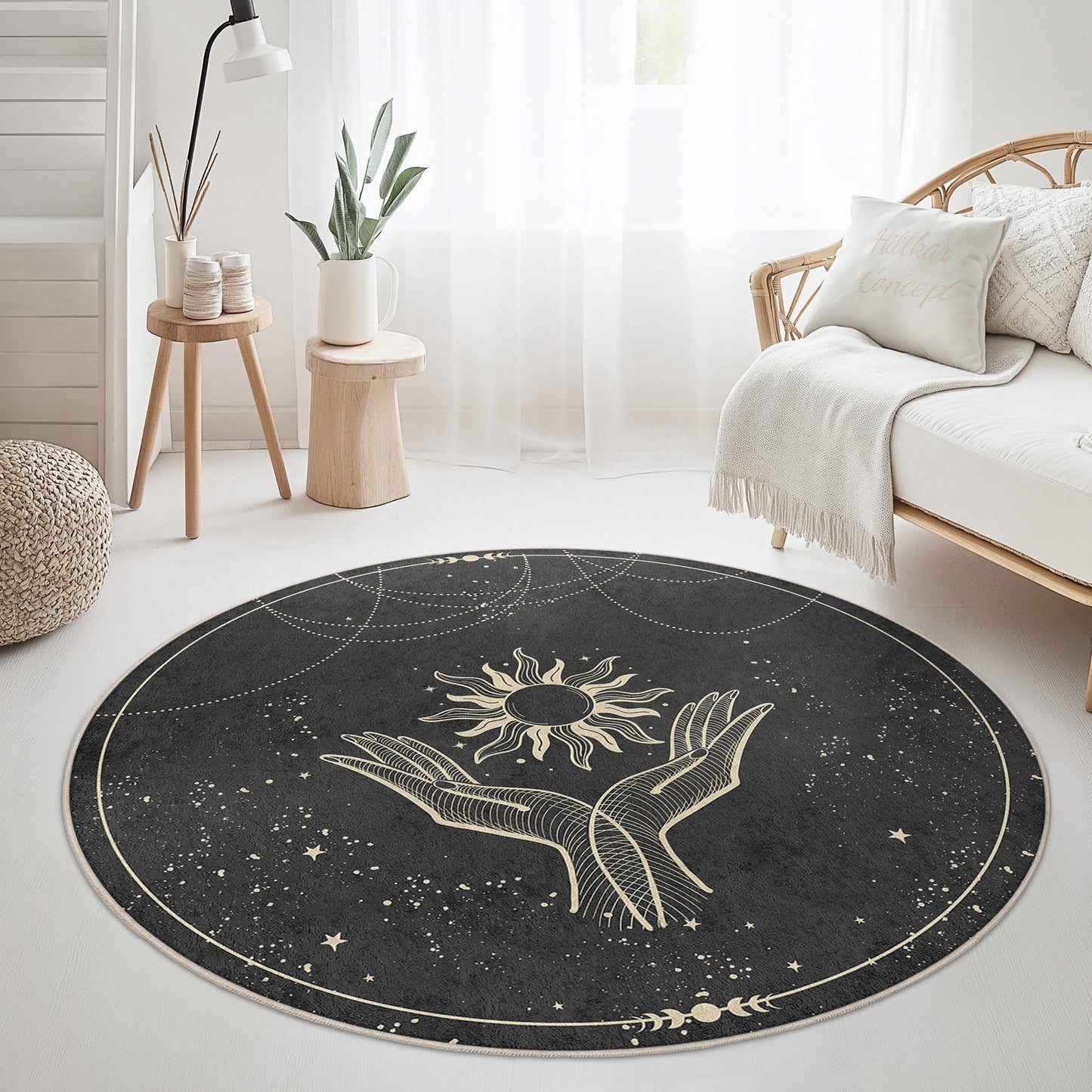 Runder Teppich mit mystischem Sonnen- und Handmotiv, Boho-Chic-Teppich, eleganter Wohnzimmerteppich, einzigartige runde Wohndekoration