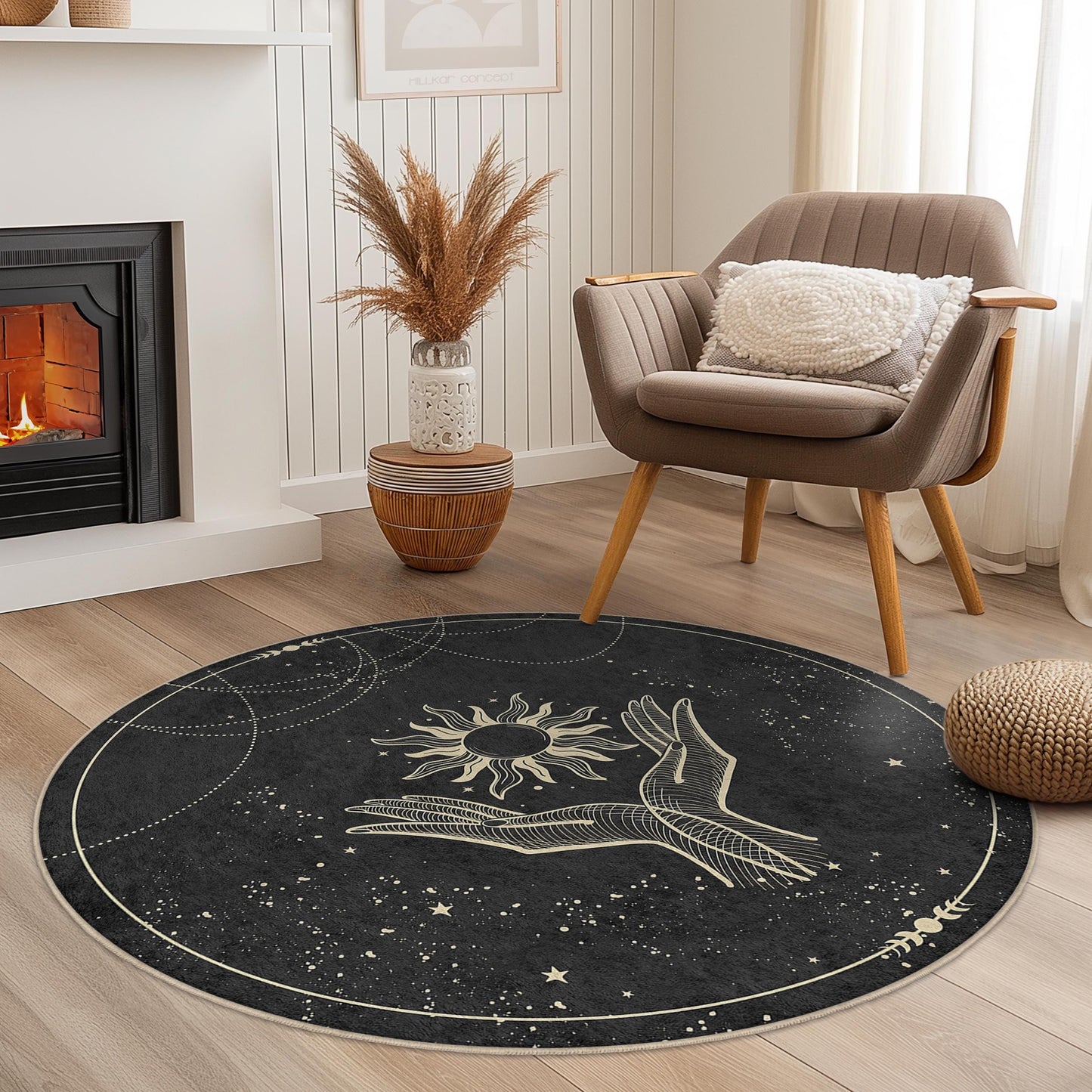 Runder Teppich mit mystischem Sonnen- und Handmotiv, Boho-Chic-Teppich, eleganter Wohnzimmerteppich, einzigartige runde Wohndekoration
