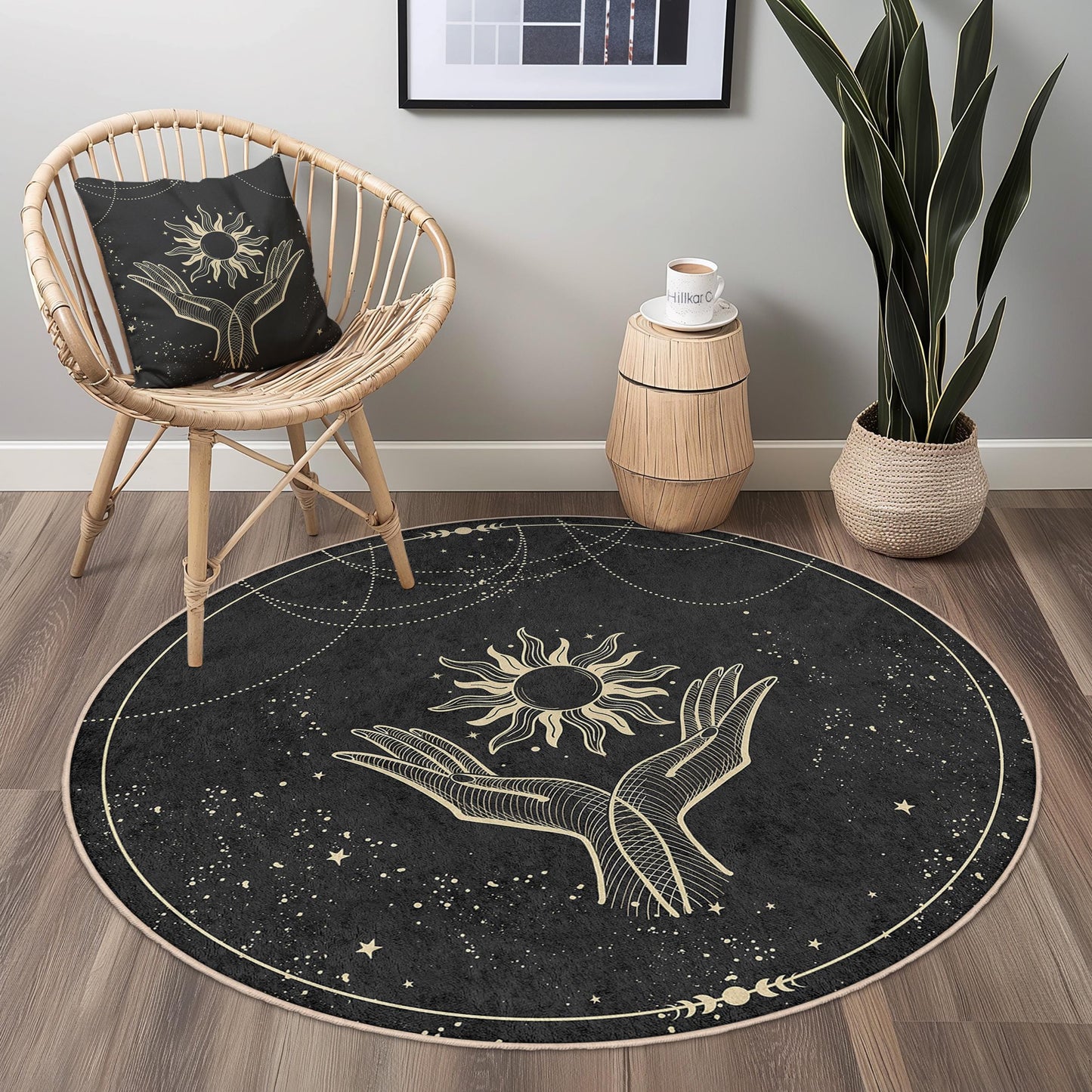 Runder Teppich mit mystischem Sonnen- und Handmotiv, Boho-Chic-Teppich, eleganter Wohnzimmerteppich, einzigartige runde Wohndekoration