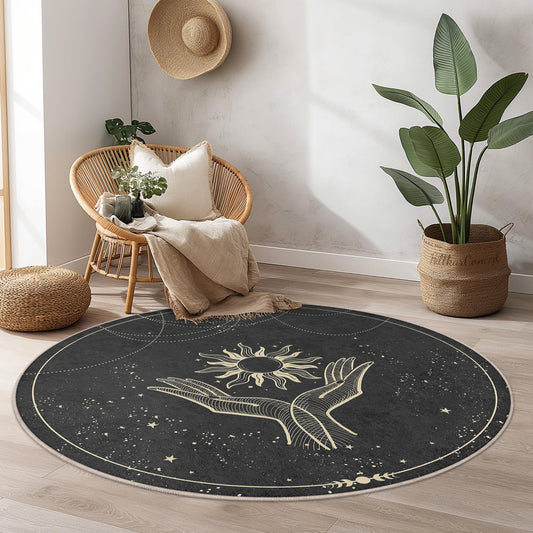 Mystical Sun and Hands Round Area Rug, Boho Chic Round Carpet, Elegant Living Room Rug, Unique Round Home Decor